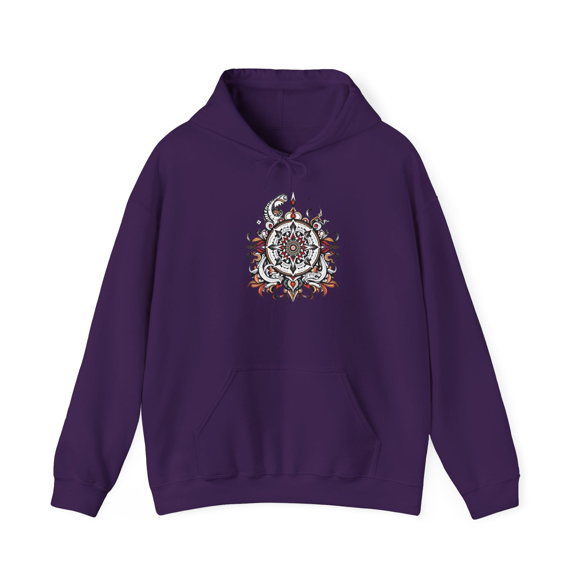 Cozy hoodie featuring a striking black, red, and white mandala, offered in vibrant color choices