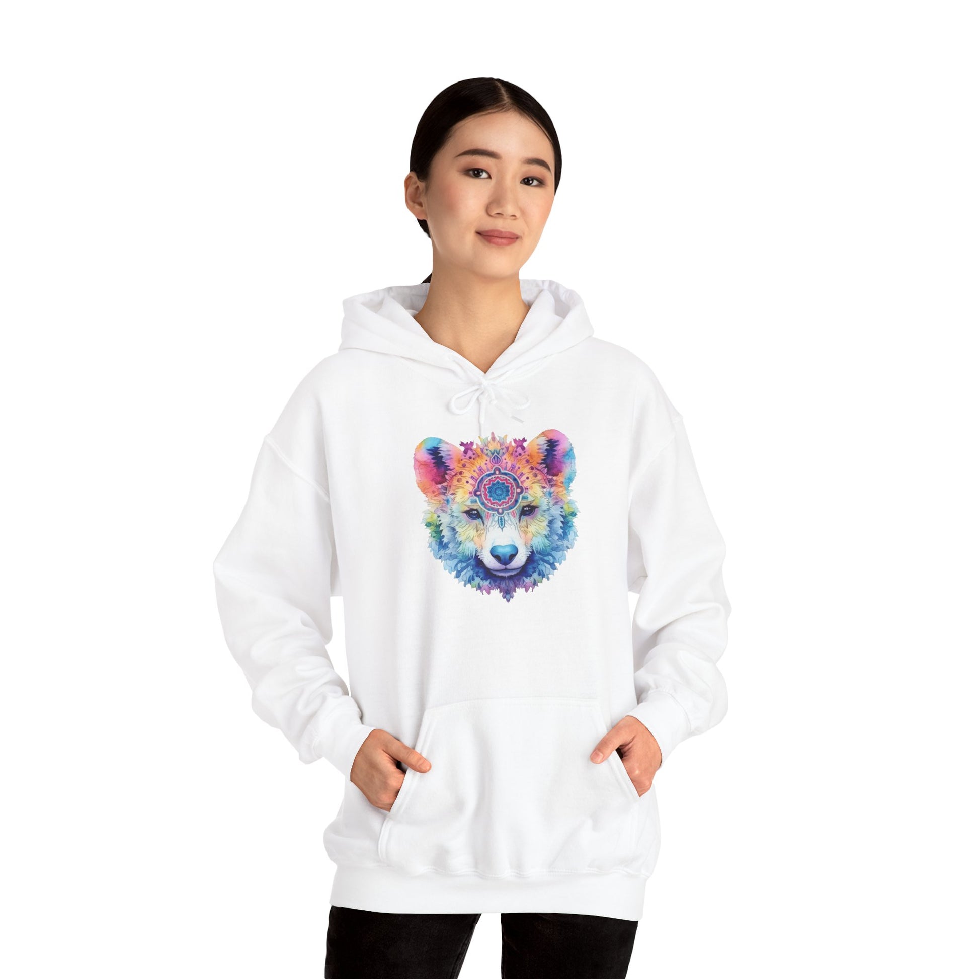 Mandala Bear Hoodie – Vibrant Watercolor Animal Art Sweatshirt for Bold, Free-Spirited Souls