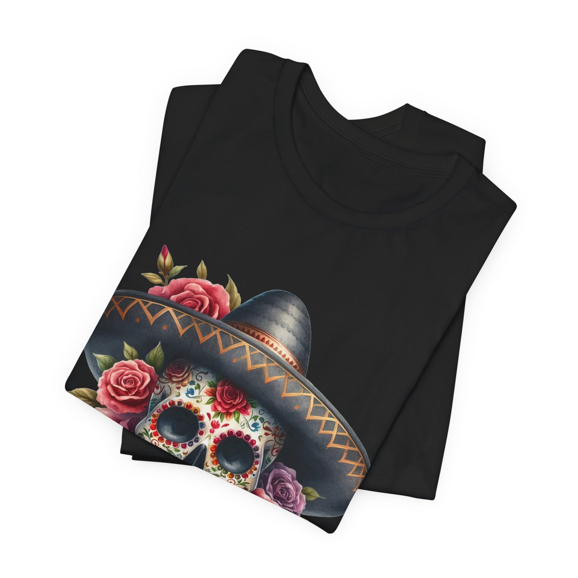 Colorful tee featuring a sugar skull in sombrero and roses for vibrant fiesta vibes