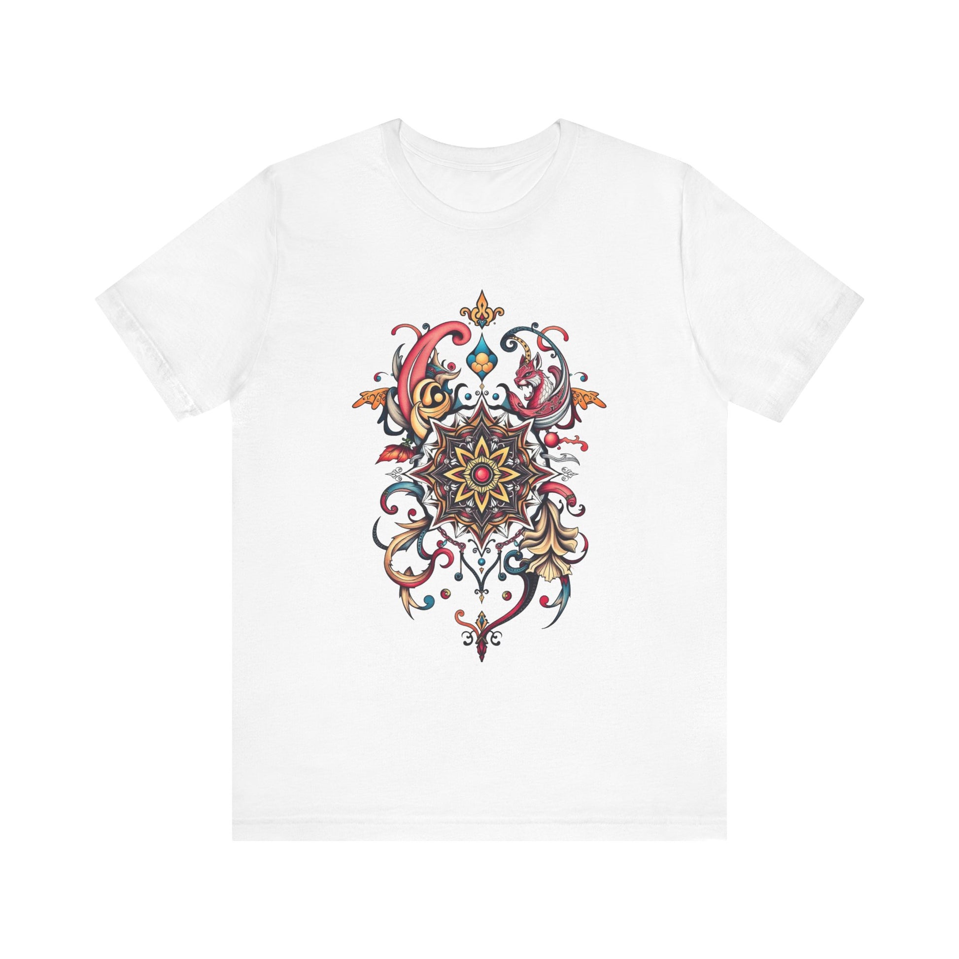 Vibrant tee with swirling mandala in reds, golds, and teal, available in many colors
