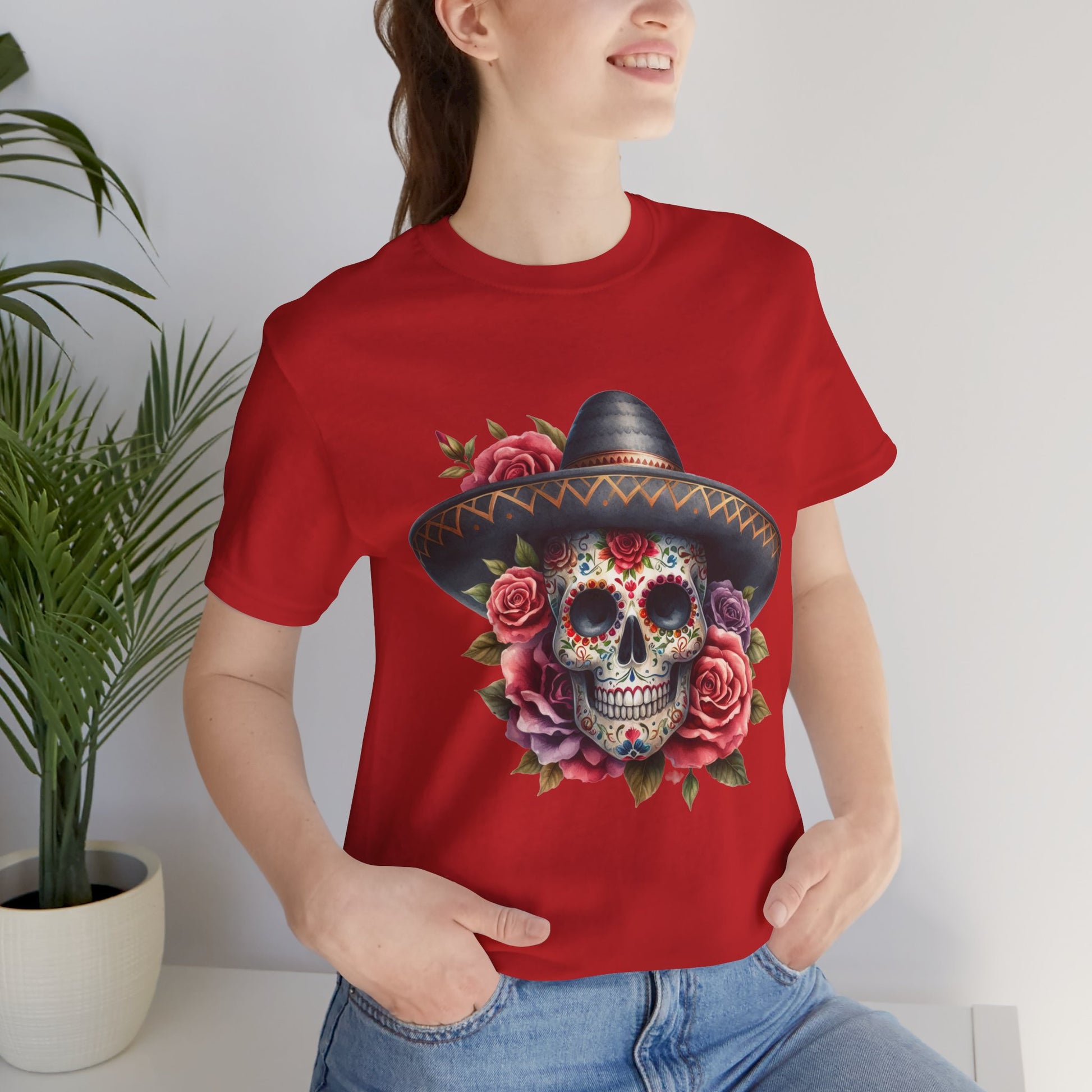 Colorful tee featuring a sugar skull in sombrero and roses for vibrant fiesta vibes