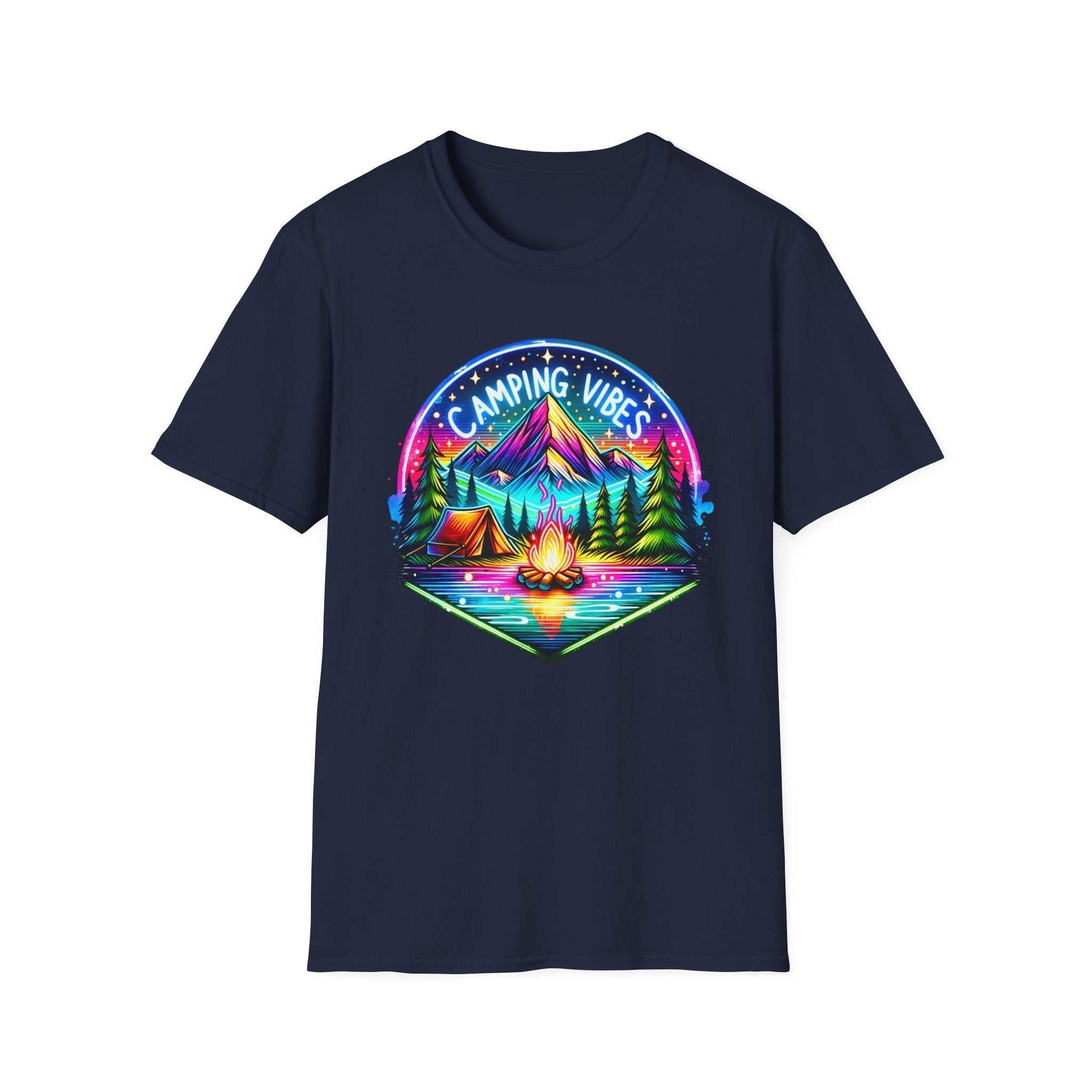 Camping Vibes Unisex Softstyle T-Shirt with colorful mountain, tent, and campfire design on navy blue background