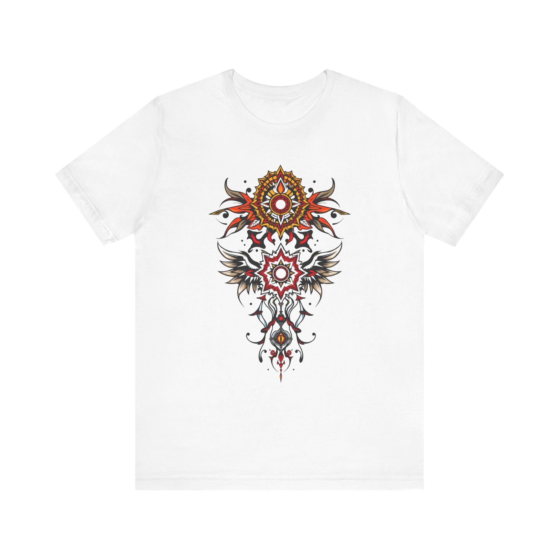 Turn heads in this tee, available in vibrant colors, showcasing a fiery red and gold tribal mandala for bold, artistic style