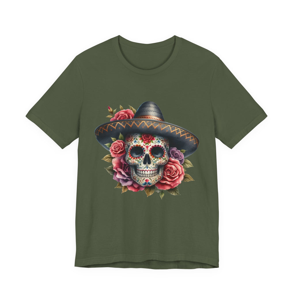 Colorful tee featuring a sugar skull in sombrero and roses for vibrant fiesta vibes