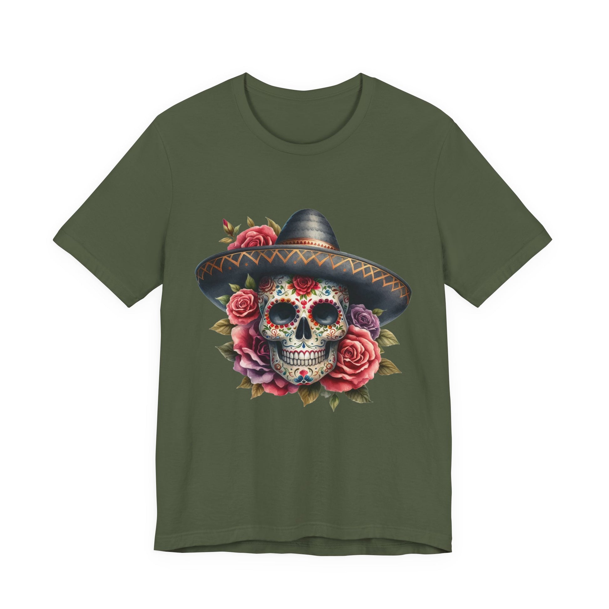 Colorful tee featuring a sugar skull in sombrero and roses for vibrant fiesta vibes