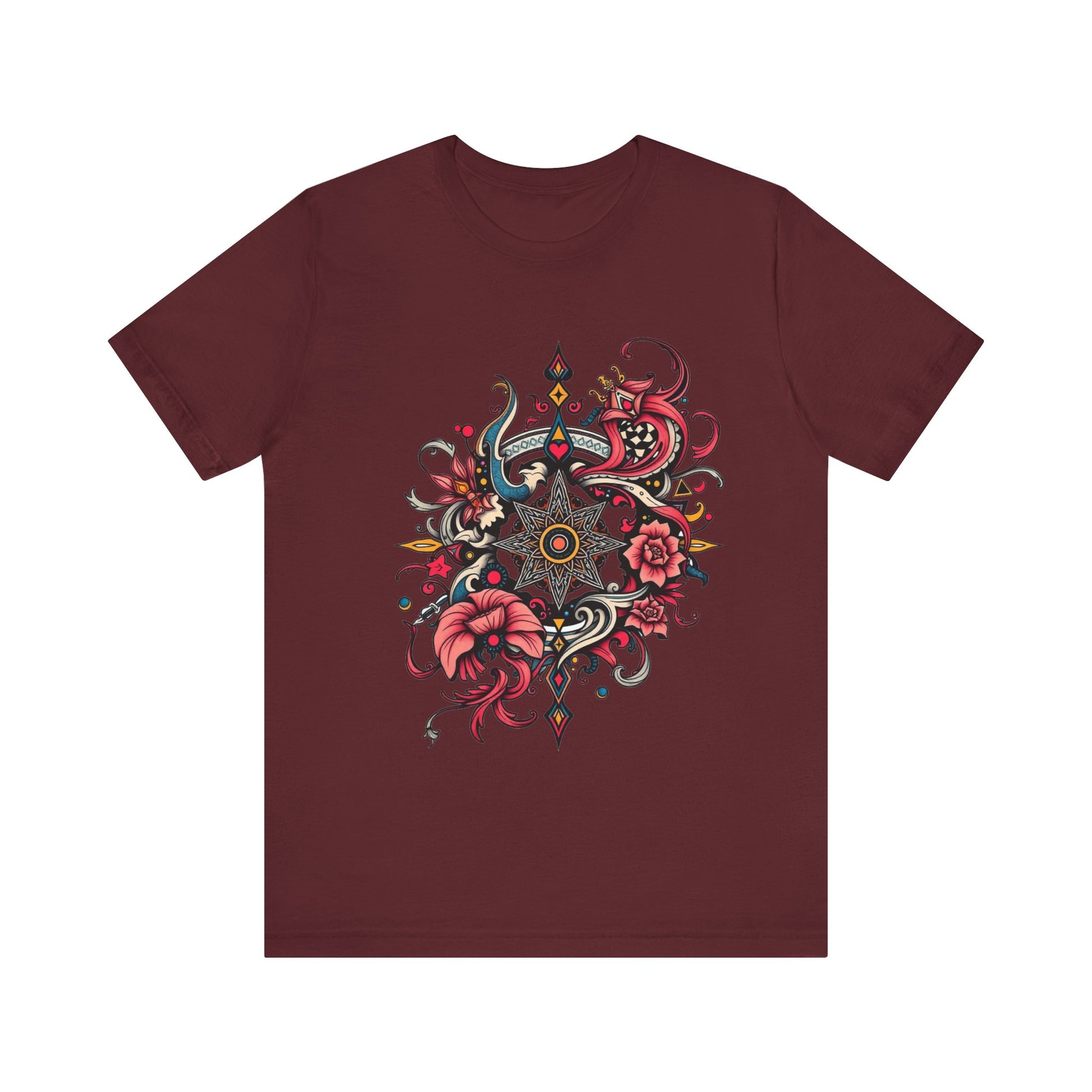 Vibrant tee with ornate red floral mandala design, offered in multiple bold color options