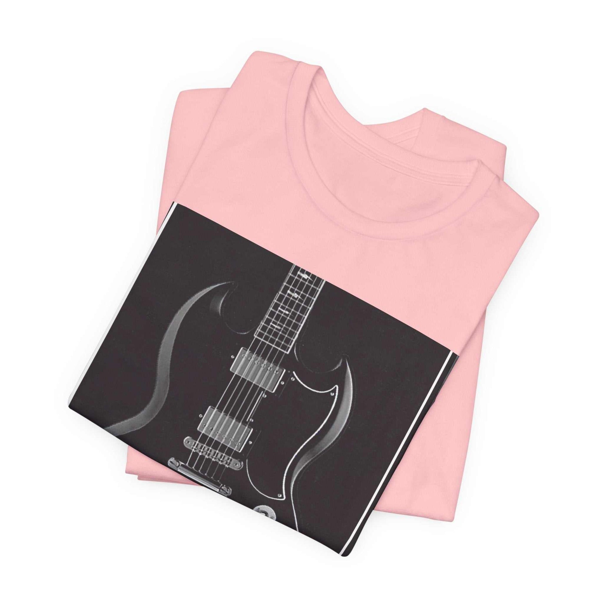 Pink Rock Guitar Graphic Tee with black and white guitar print, folded design