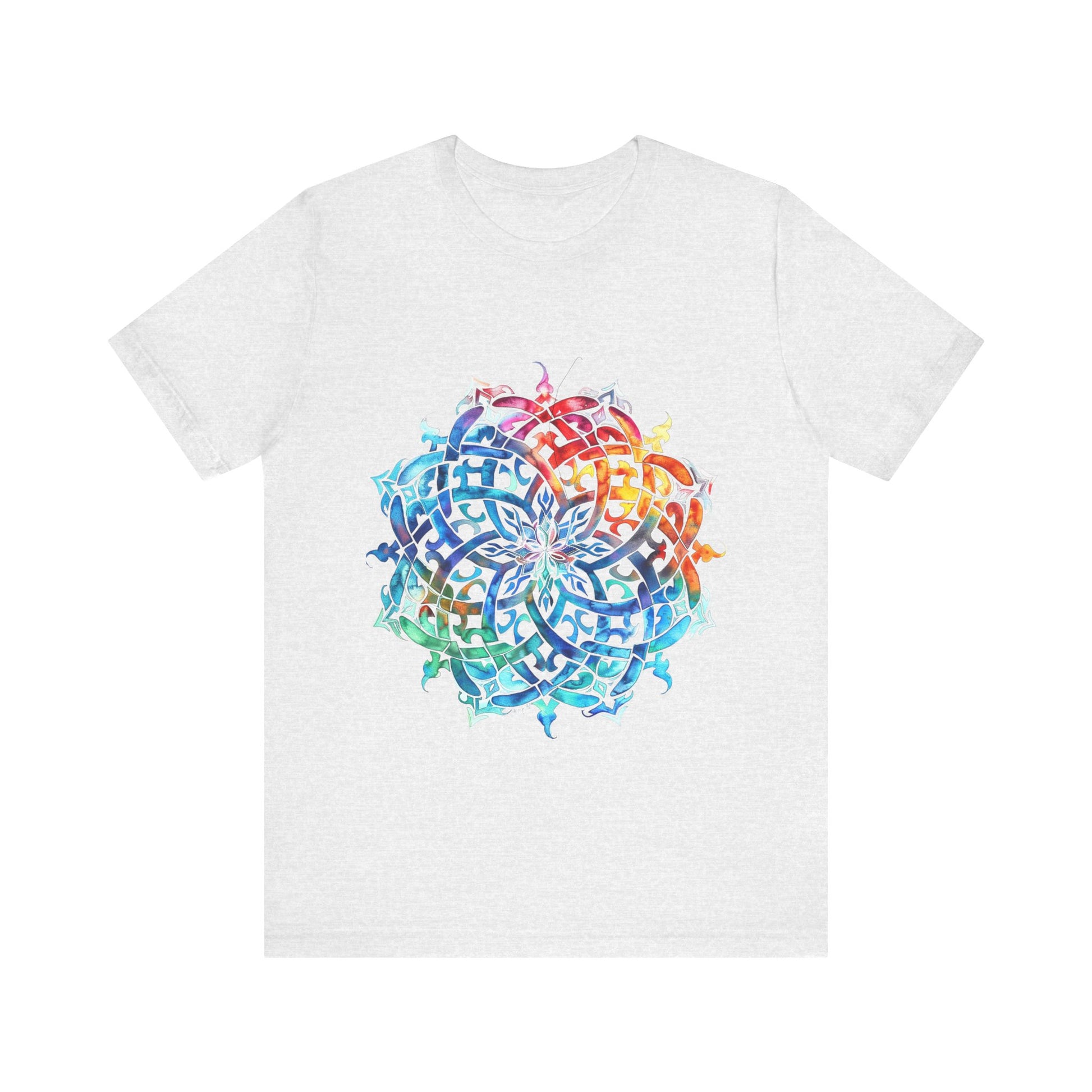 Artistic tee with a radiant rainbow mandala design, available in vibrant color options