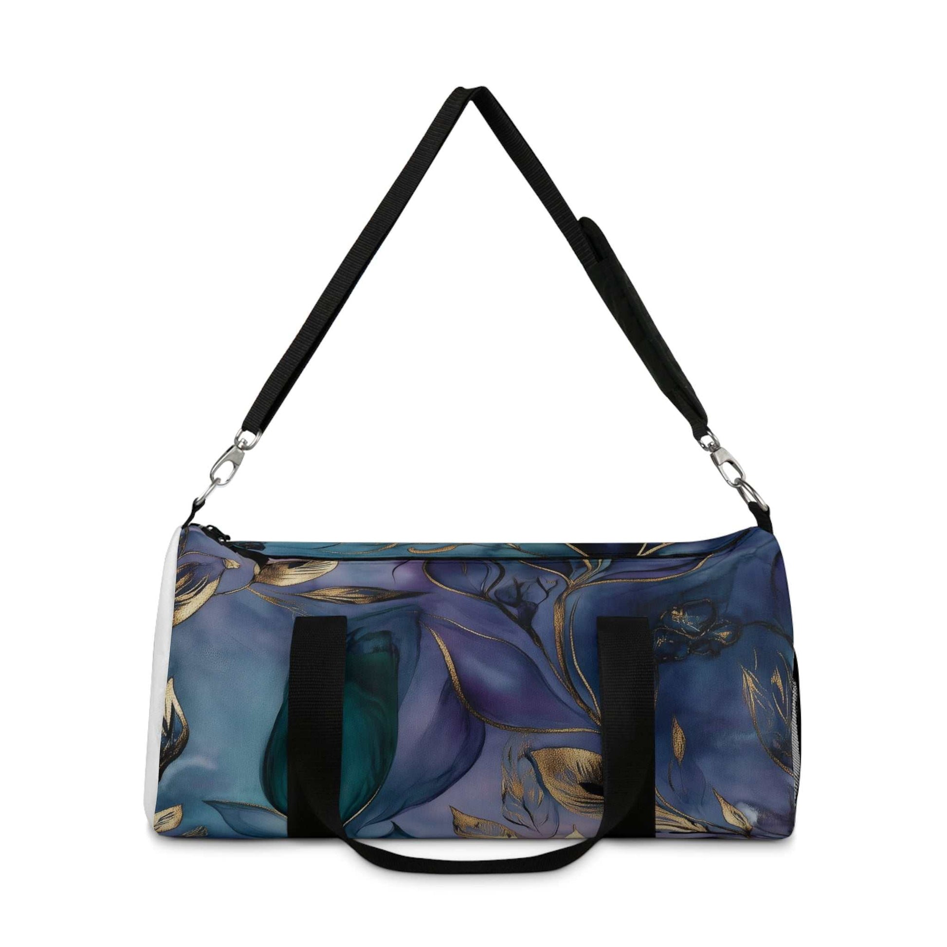 Elegant floral duffel bag with adjustable shoulder strap and vibrant blue-purple floral design