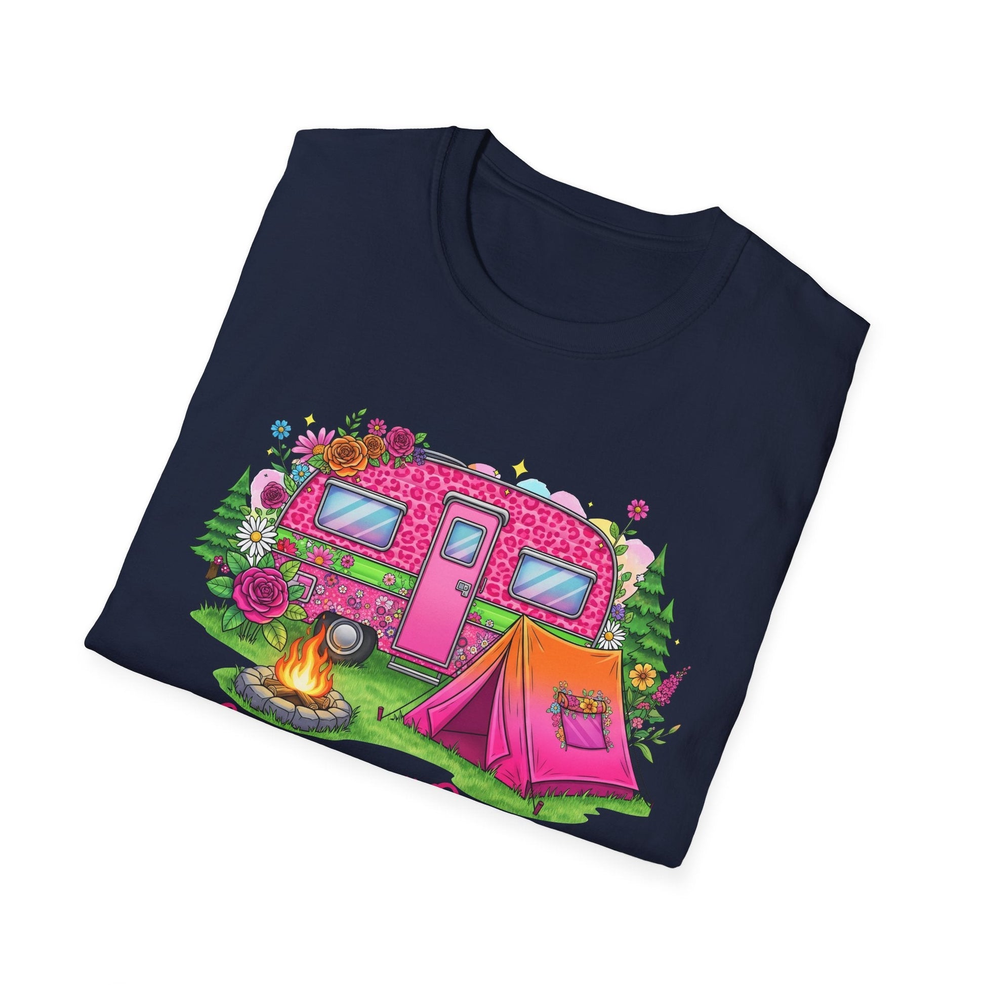 Navy Camping Queen T-Shirt with colorful pink camper, tent, campfire, and floral design for outdoor lovers