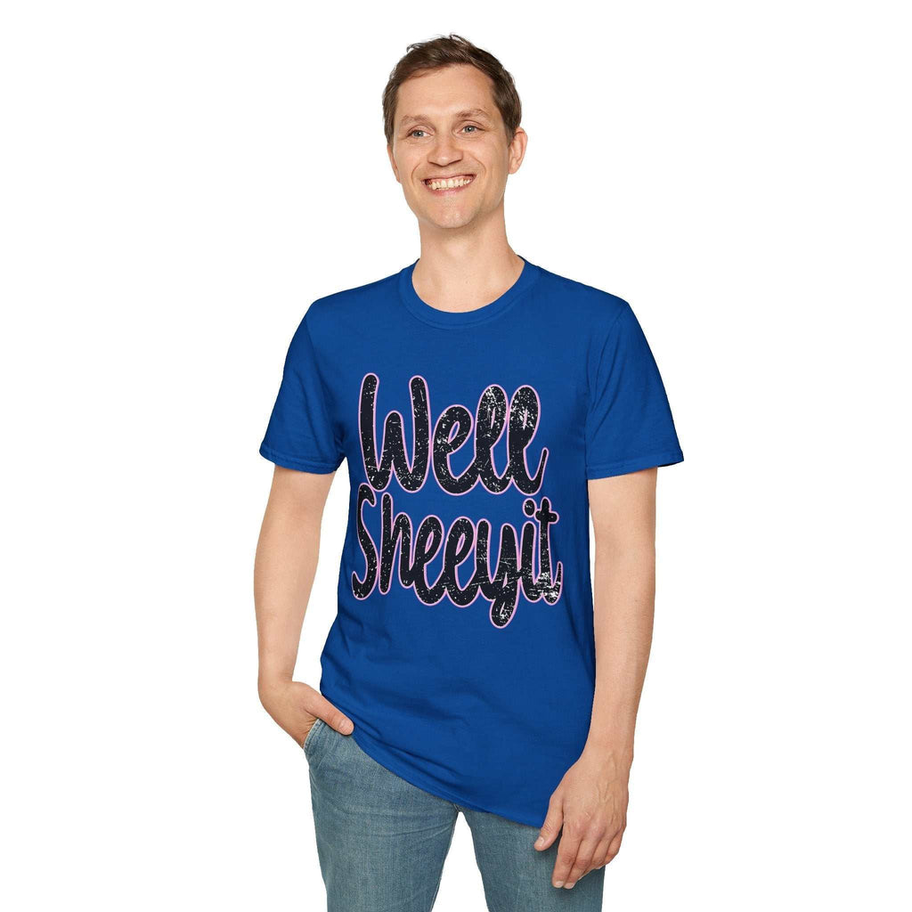 Man wearing blue casual statement tee with "Well Sheeyit" funny quote print