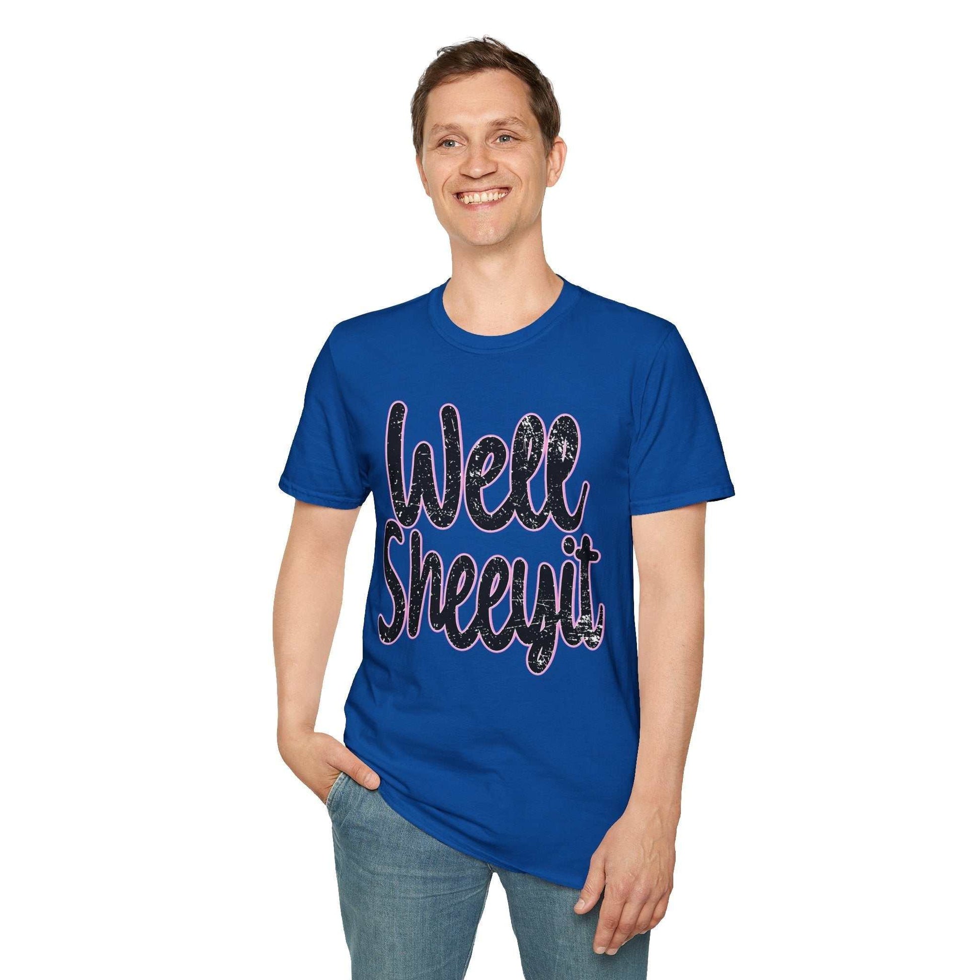 Man wearing blue casual statement tee with "Well Sheeyit" funny quote print