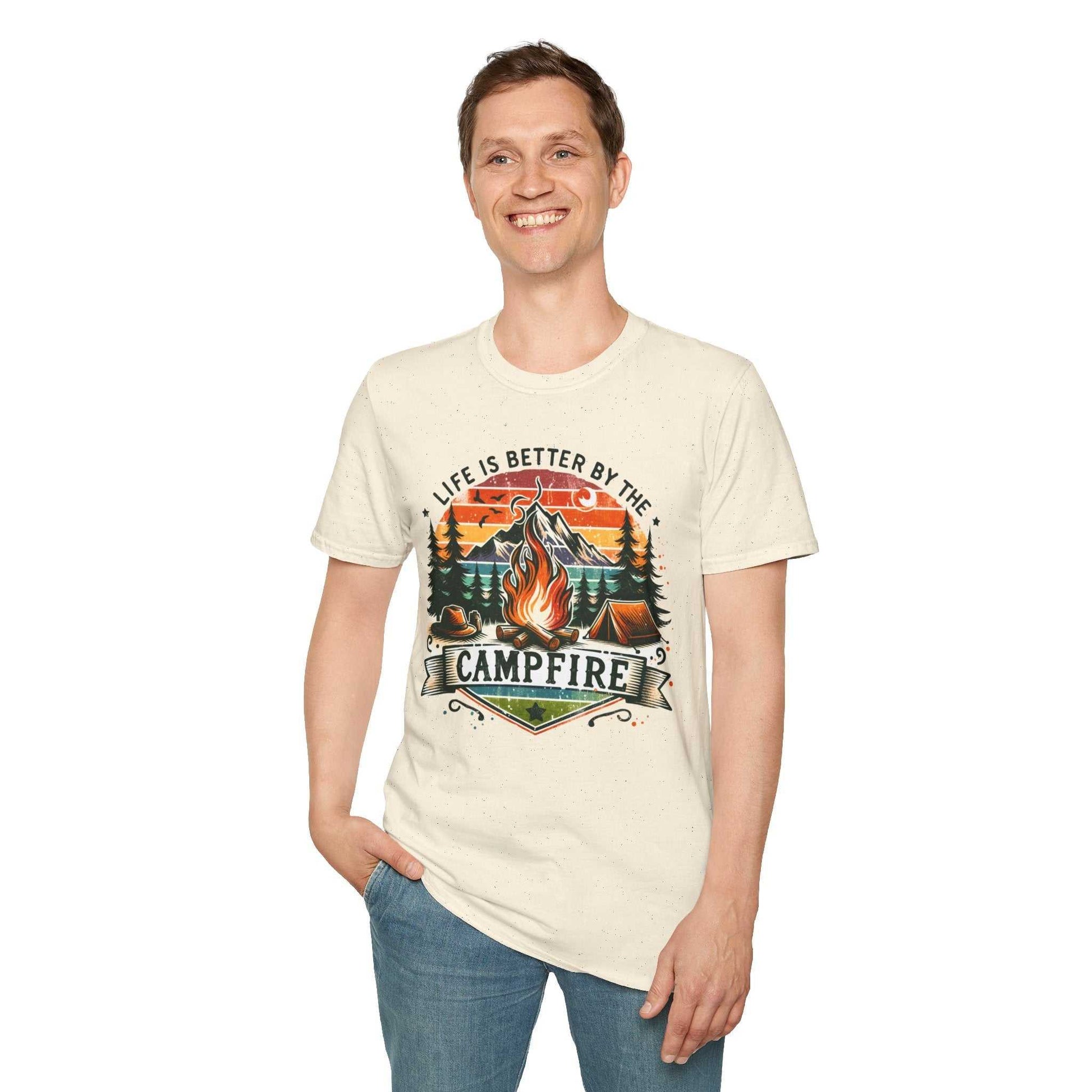 Unisex Camping Adventure T-Shirt with "Life is Better by the Campfire" design in beige, soft cotton blend.