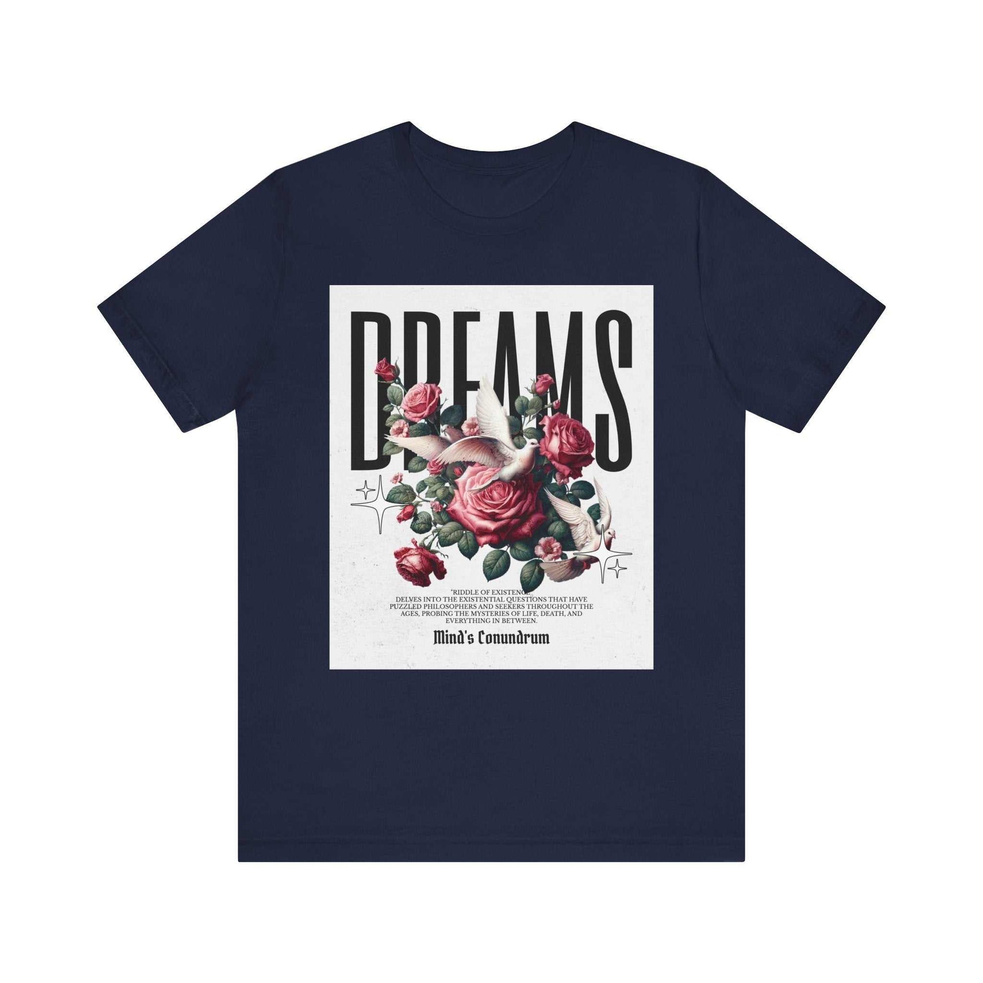 Navy Dreams Floral Tee with bold typography and red rose graphic design on front, unisex short sleeve cotton shirt.