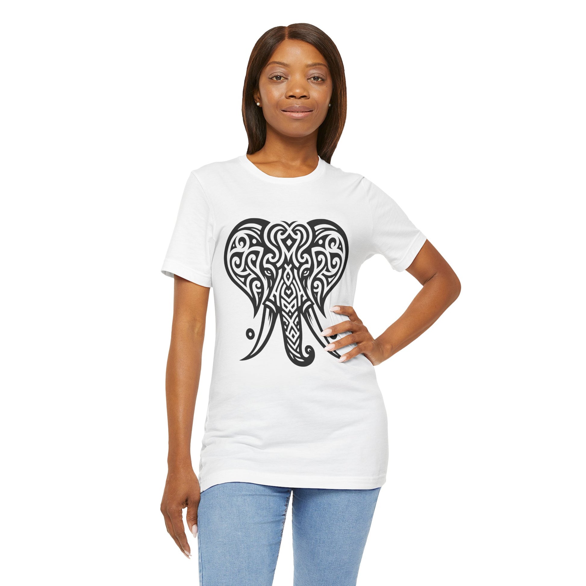 Tribal Elephant T-Shirt – Bold Black Tattoo Art on White Tee