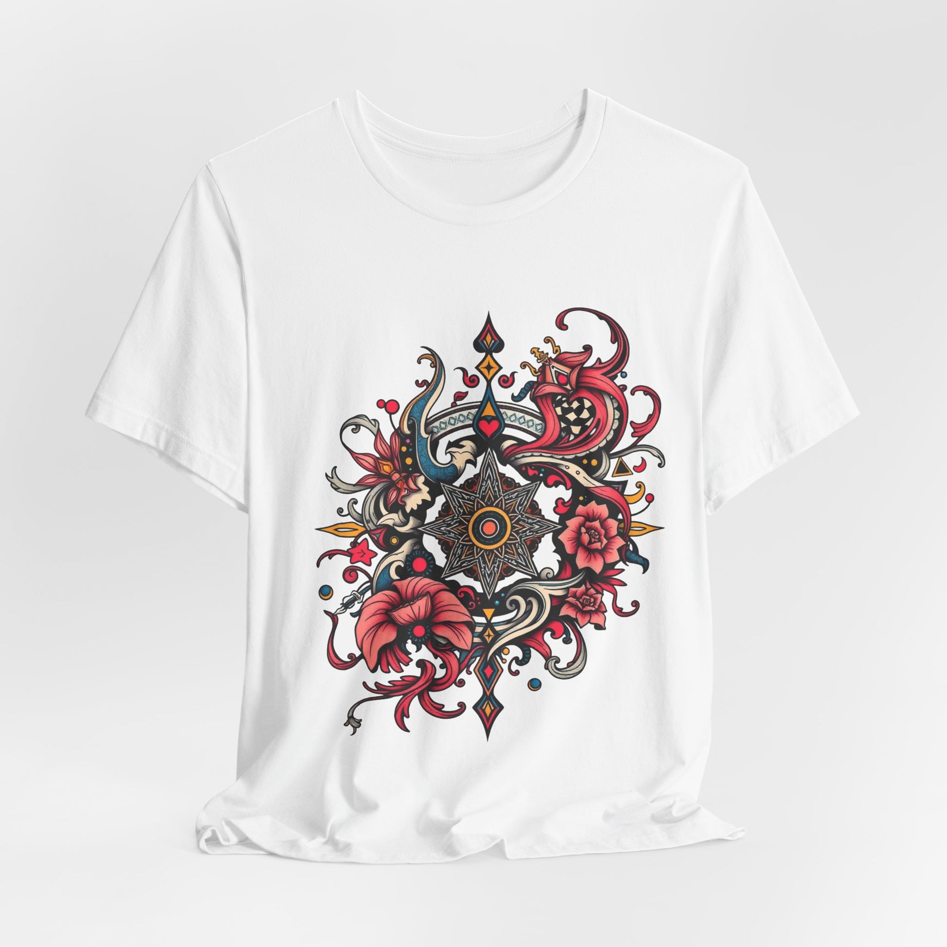 Vibrant tee with ornate red floral mandala design, offered in multiple bold color options