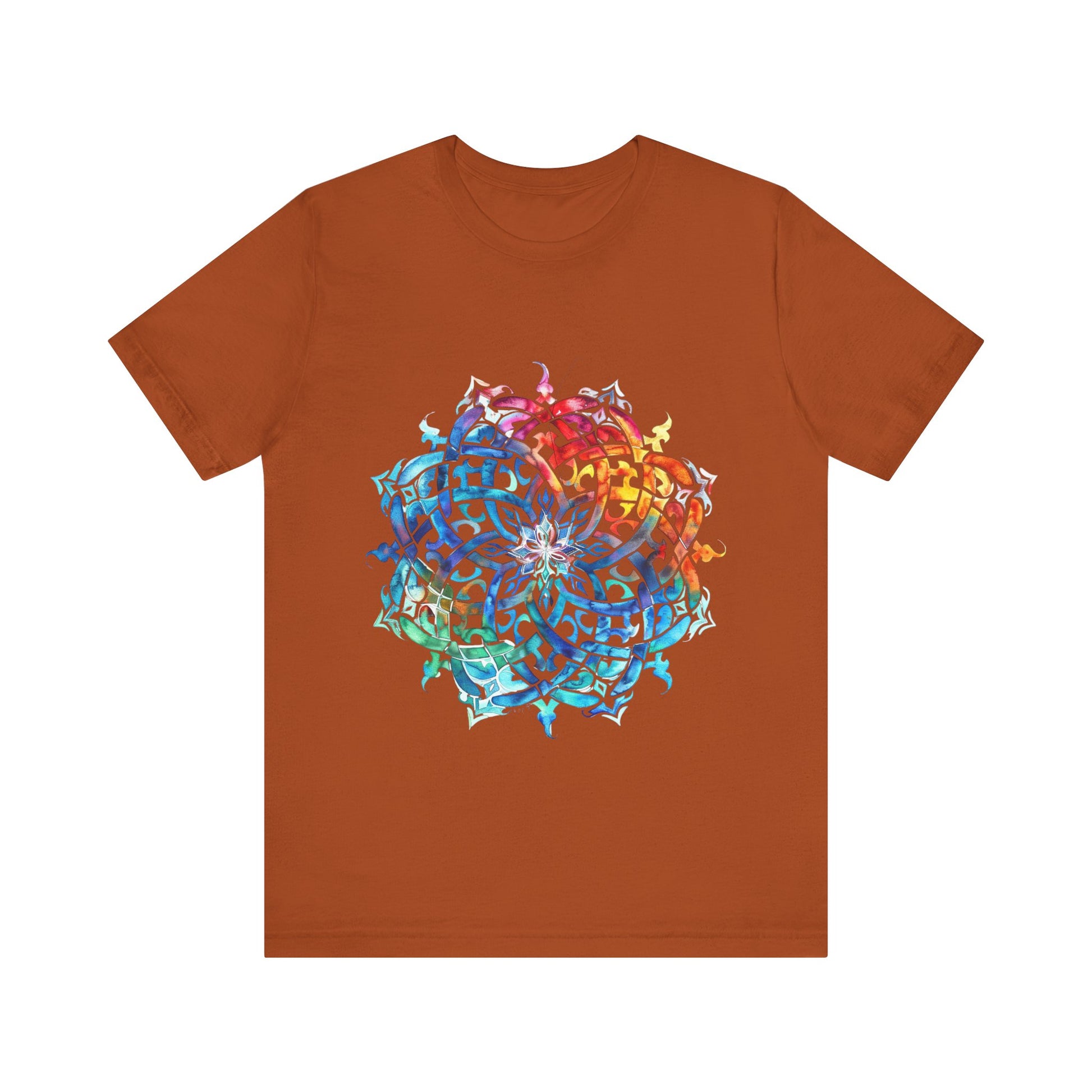 Artistic tee with a radiant rainbow mandala design, available in vibrant color options