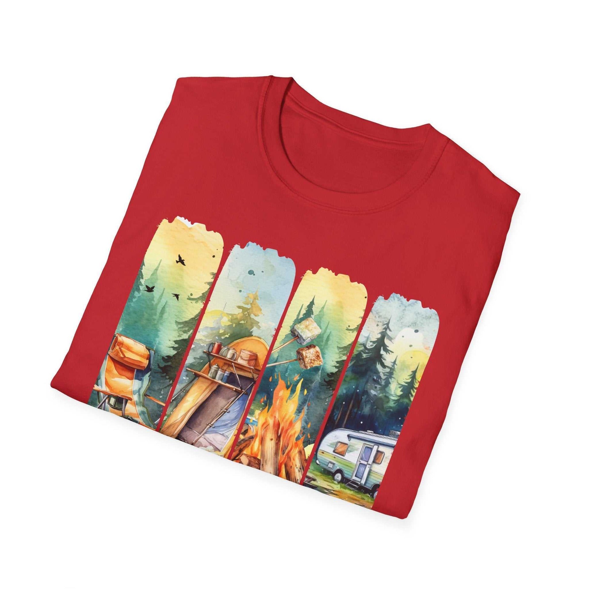 Red unisex Camping Adventure T-shirt with colorful camping scene print including campfire, tent, and caravan.