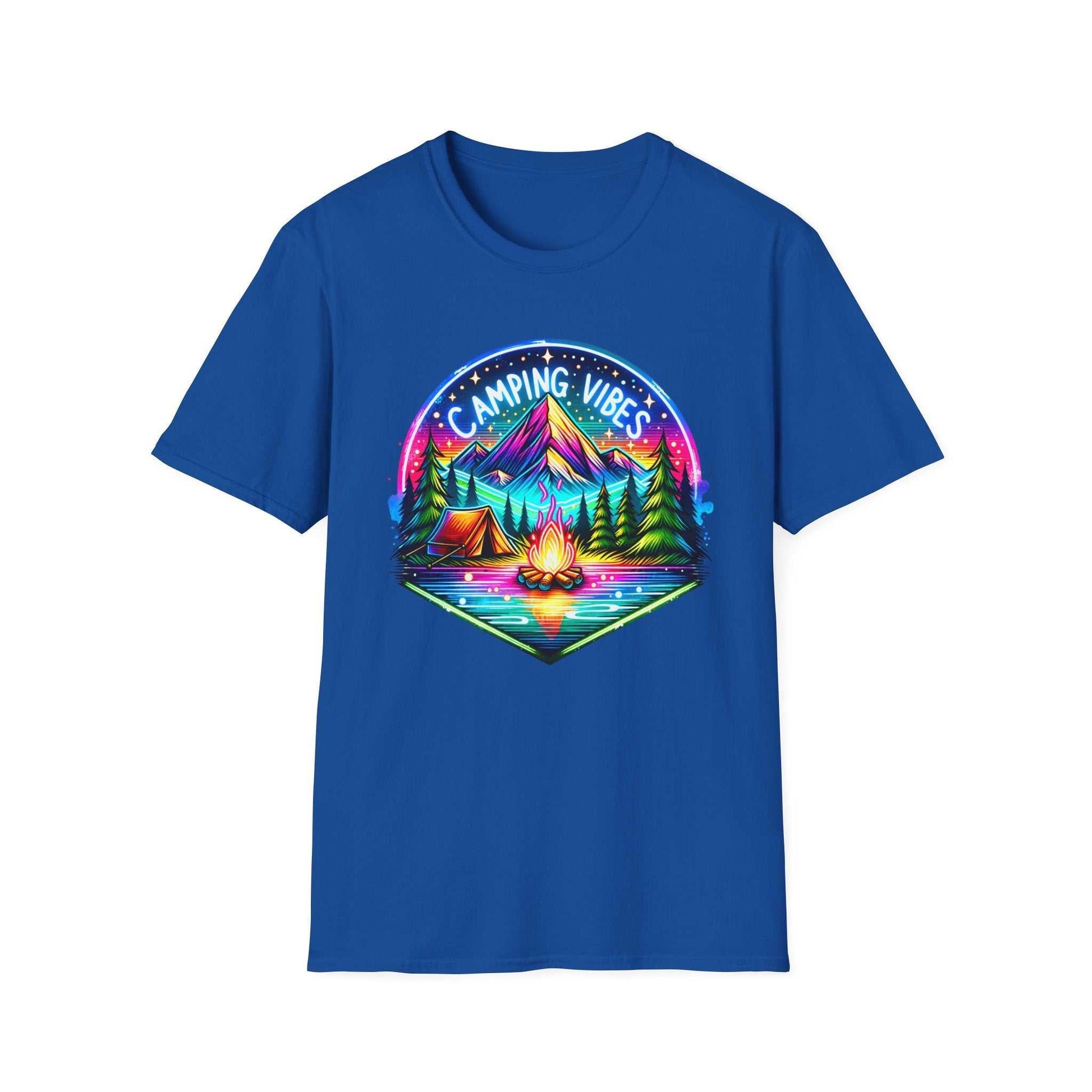 Blue unisex softstyle t-shirt with colorful Camping Vibes mountain, tent, and campfire graphic design