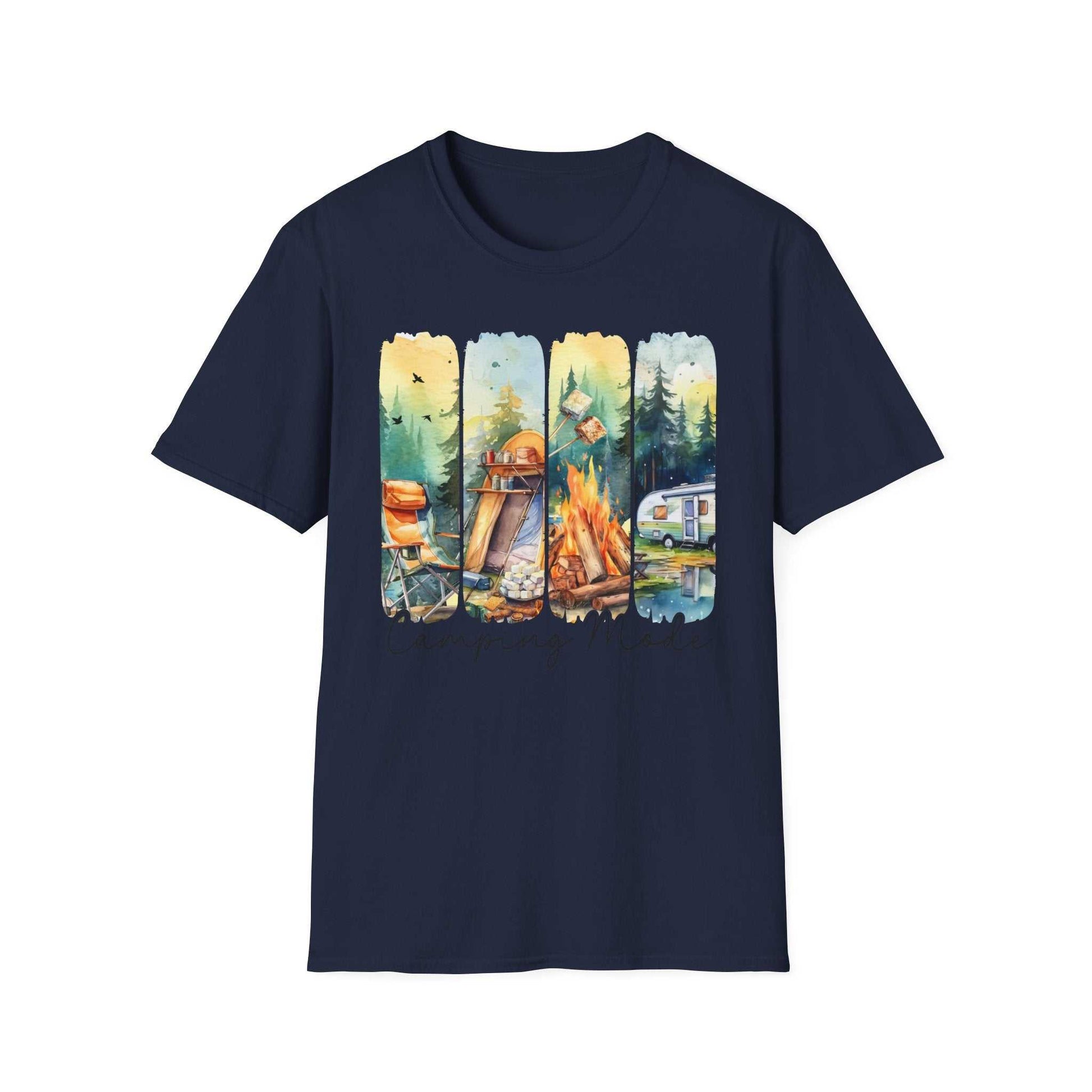 Unisex navy blue t-shirt with colorful camping-themed graphic featuring campfire, tent, chair, and camper van outdoors