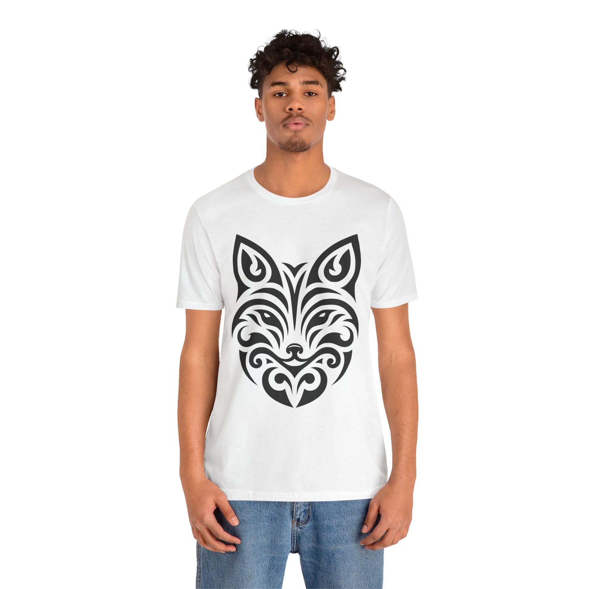 Sleek tee with a bold black tribal fox design, offered in multiple color choices