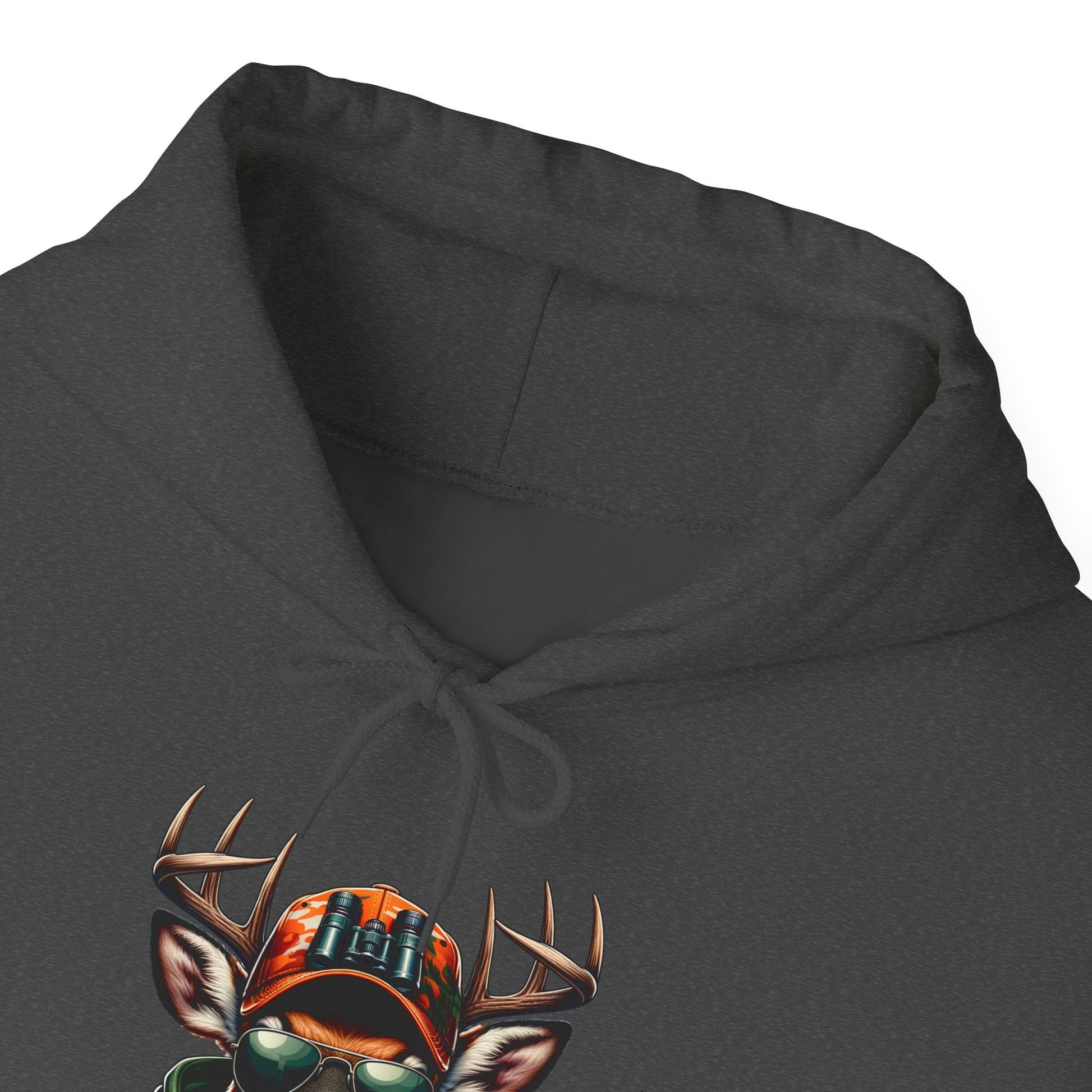 Black hooded sweatshirt with bold deer design and adjustable drawstring hood.