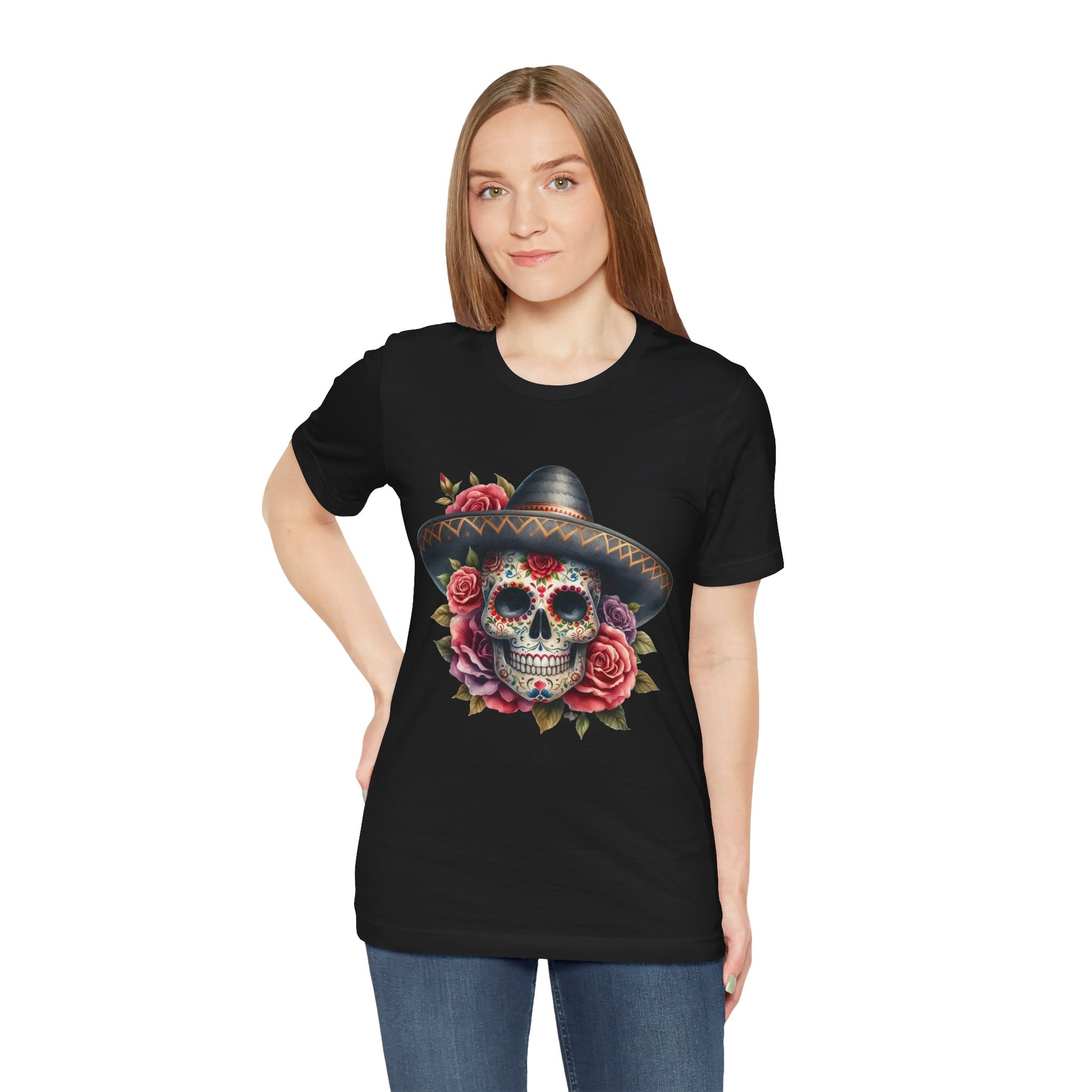 Colorful tee featuring a sugar skull in sombrero and roses for vibrant fiesta vibes