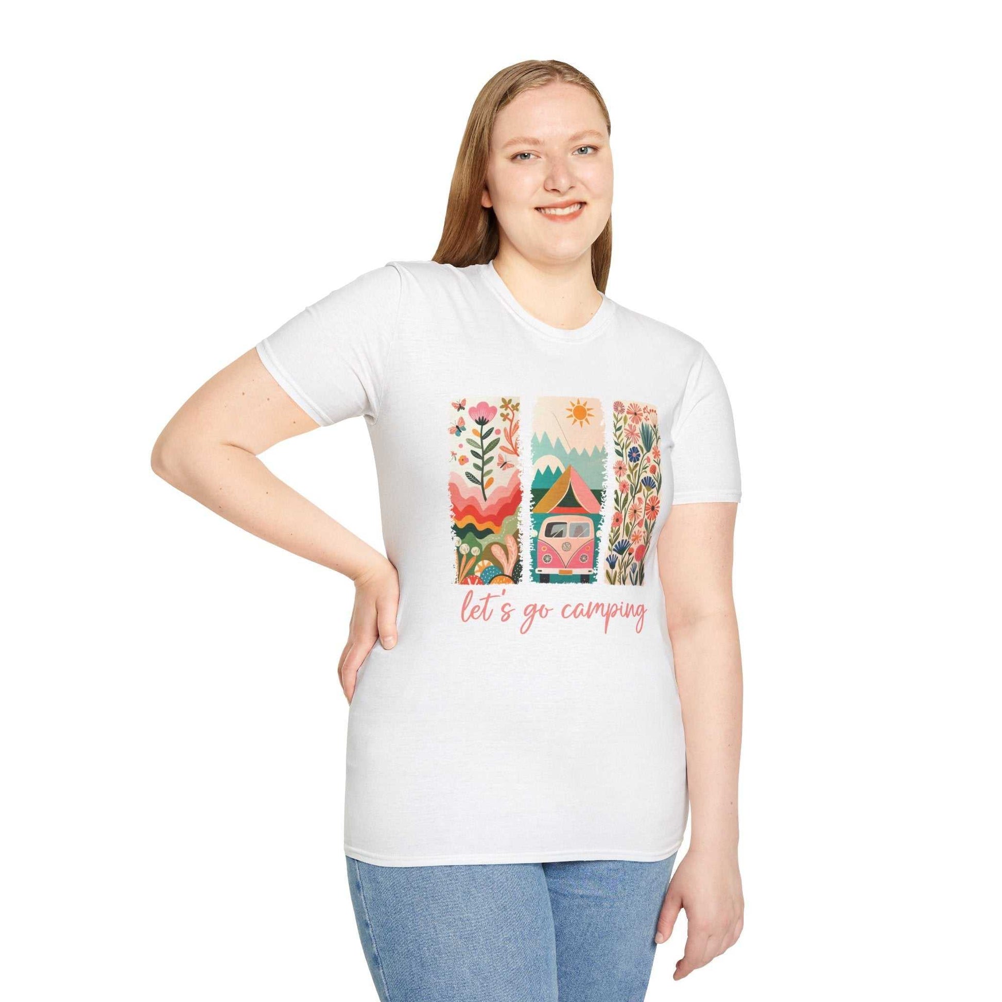 Unisex white softstyle t-shirt with colorful camping adventure print and "let's go camping" text, modeled by smiling woman.