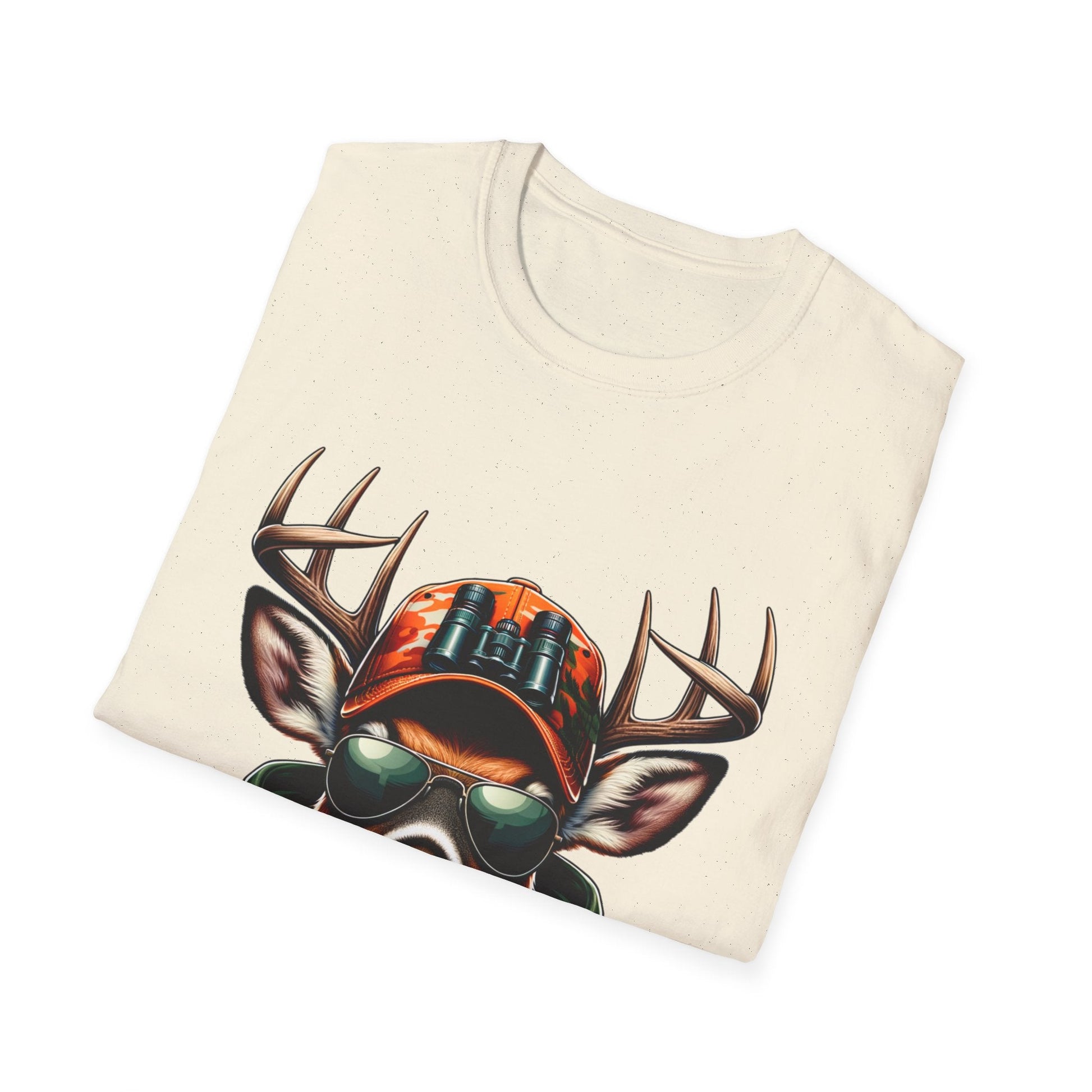 Cream Hunting Enthusiast T-Shirt with deer wearing sunglasses and camo hat graphic design