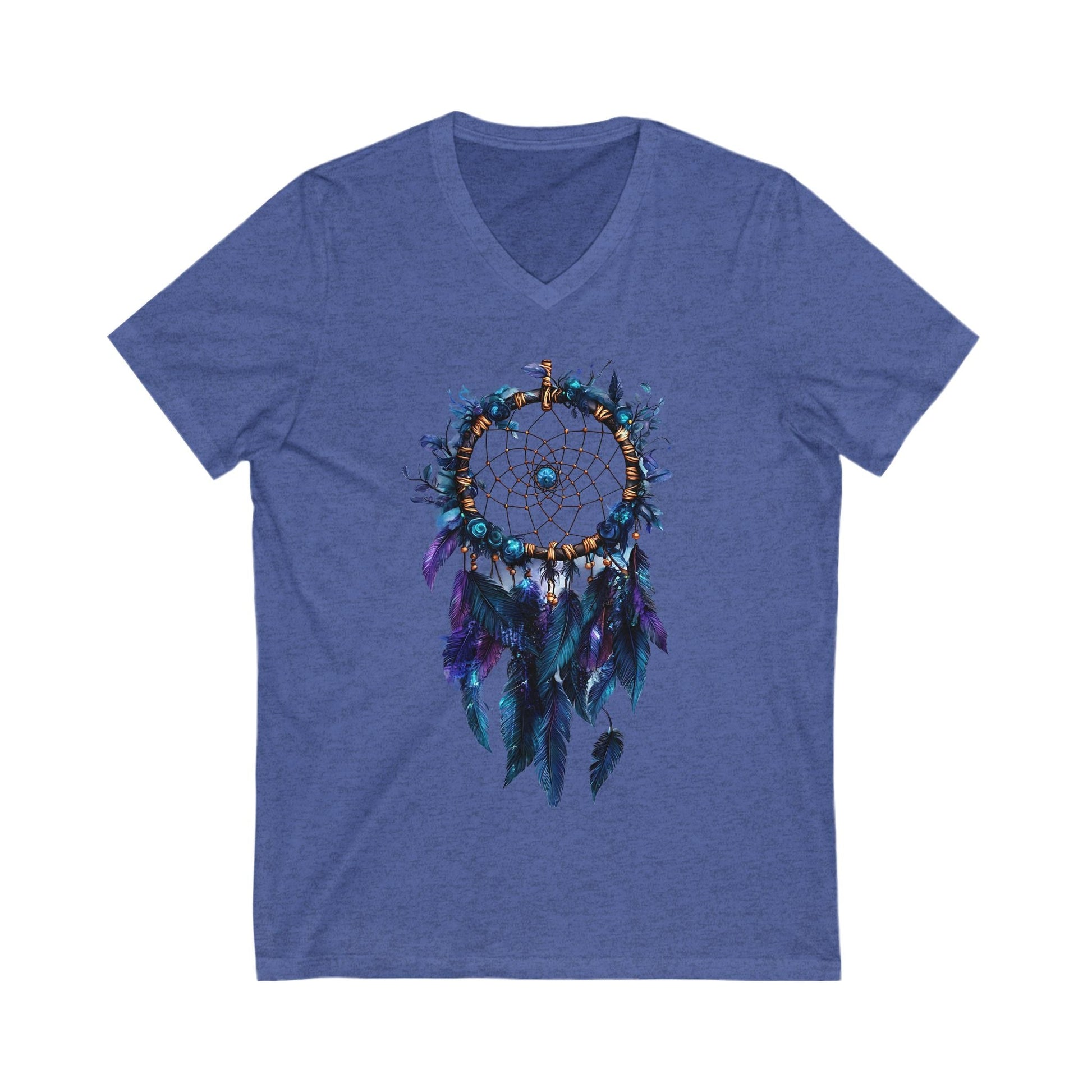 Blue Dreamcatcher V-Neck Tee with feather design, breathable 100% cotton unisex shirt