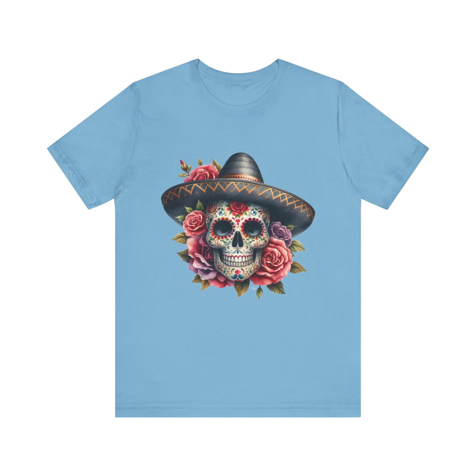 Colorful tee featuring a sugar skull in sombrero and roses for vibrant fiesta vibes