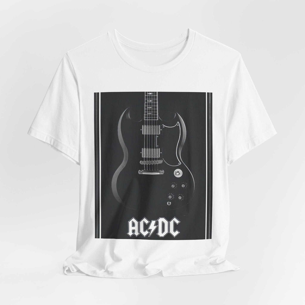 White rock guitar graphic tee with AC/DC band logo and electric guitar image on front