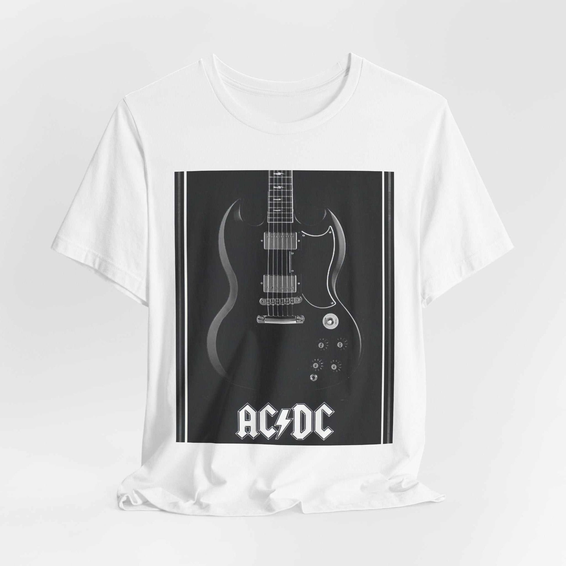 White rock guitar graphic tee with AC/DC band logo and electric guitar image on front