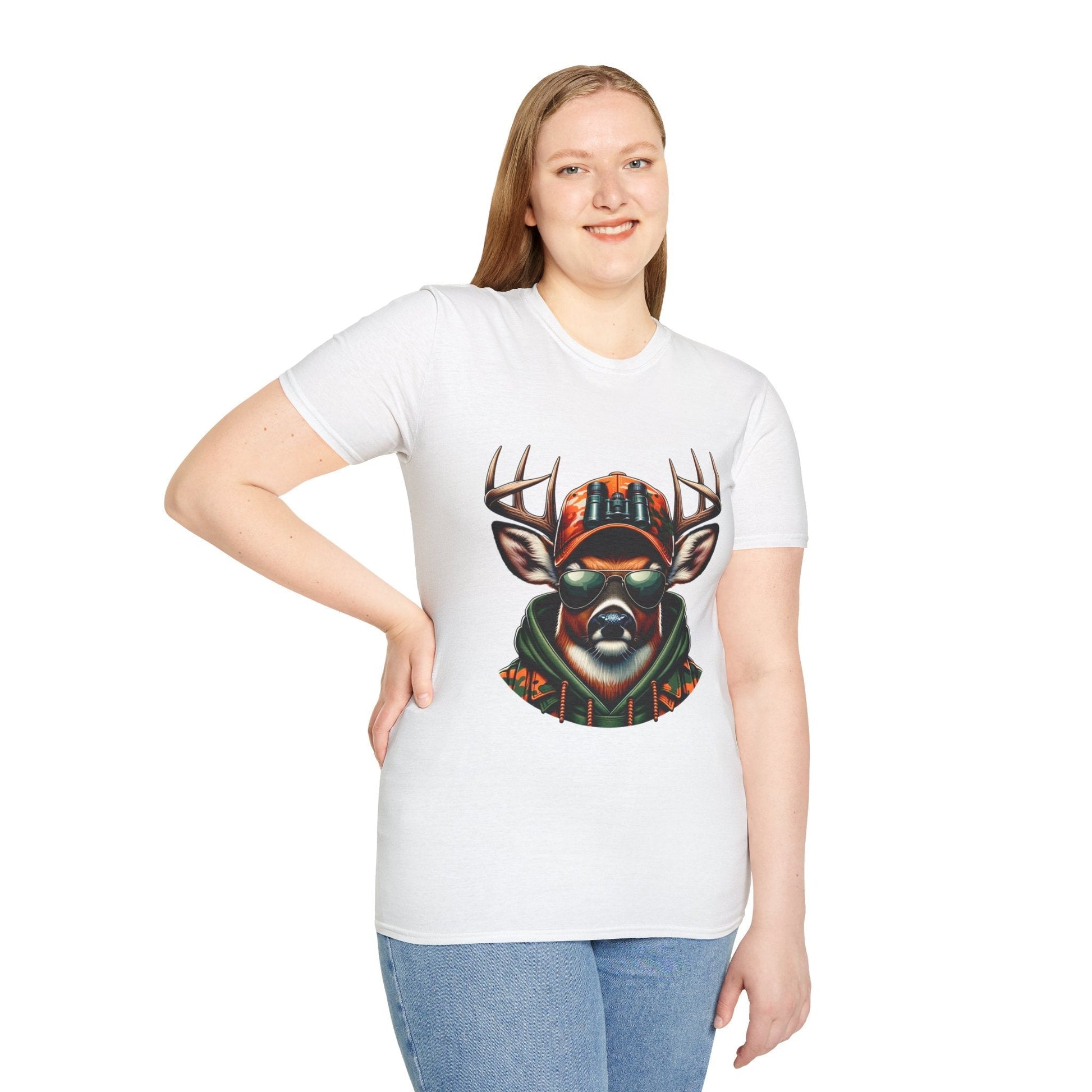 Woman wearing white Hunting Enthusiast T-Shirt with graphic of deer wearing sunglasses and hat
