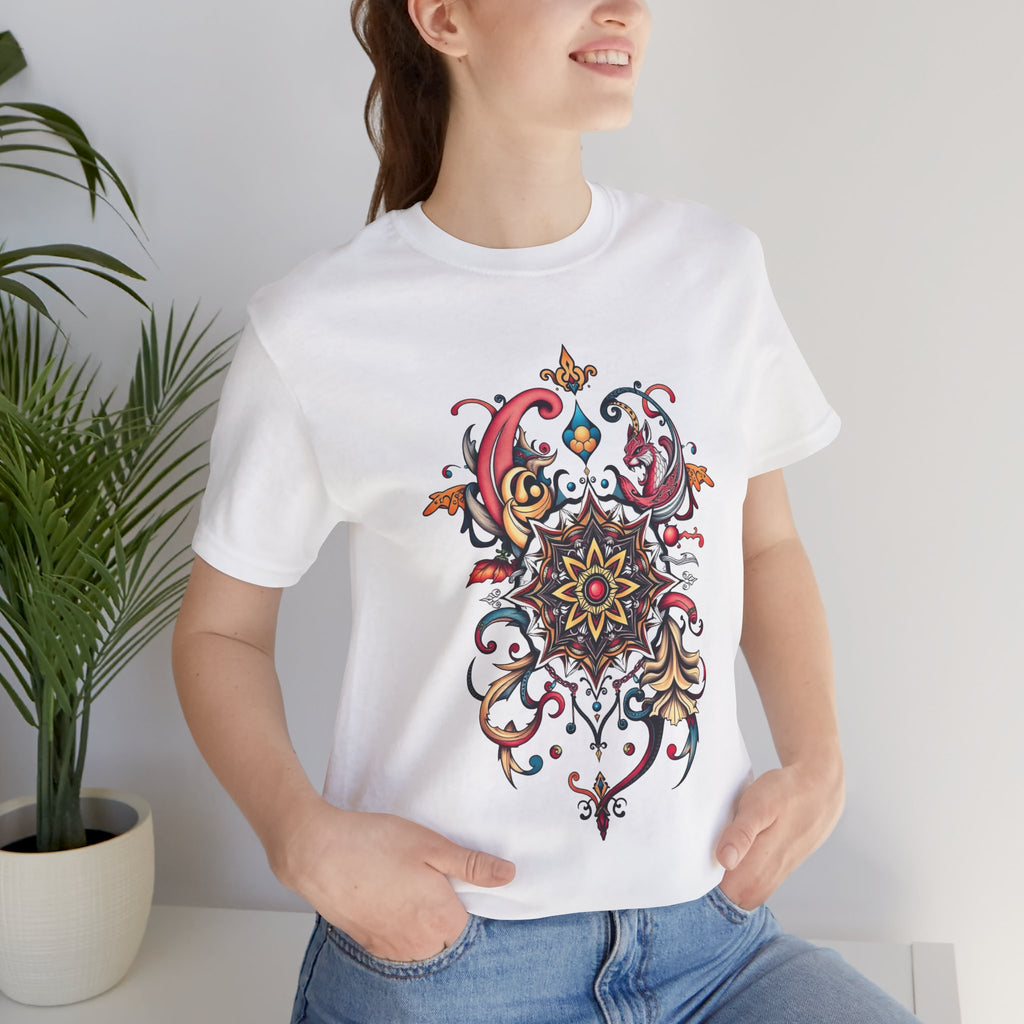 Vibrant tee with swirling mandala in reds, golds, and teal, available in many colors