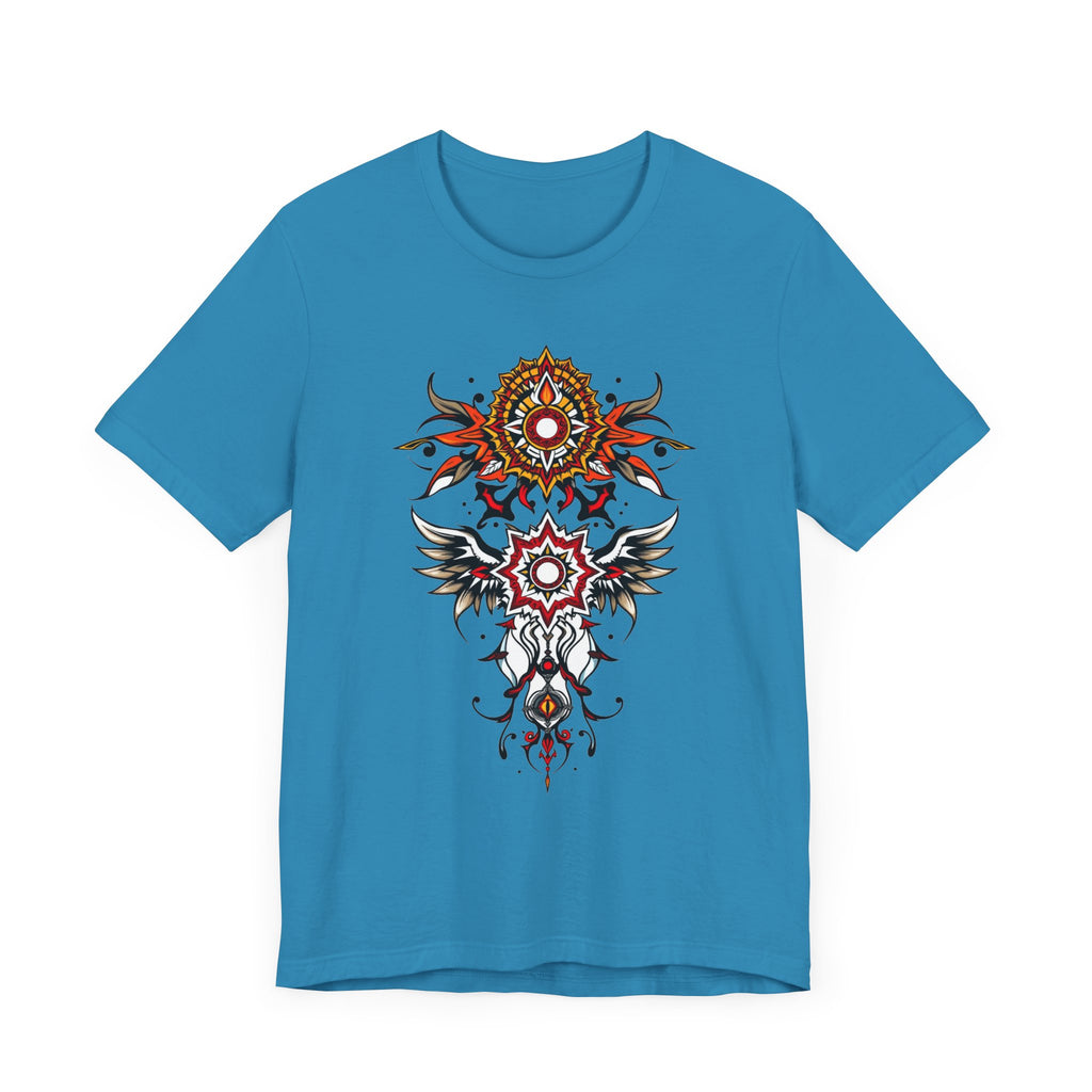 Turn heads in this tee, available in vibrant colors, showcasing a fiery red and gold tribal mandala for bold, artistic style