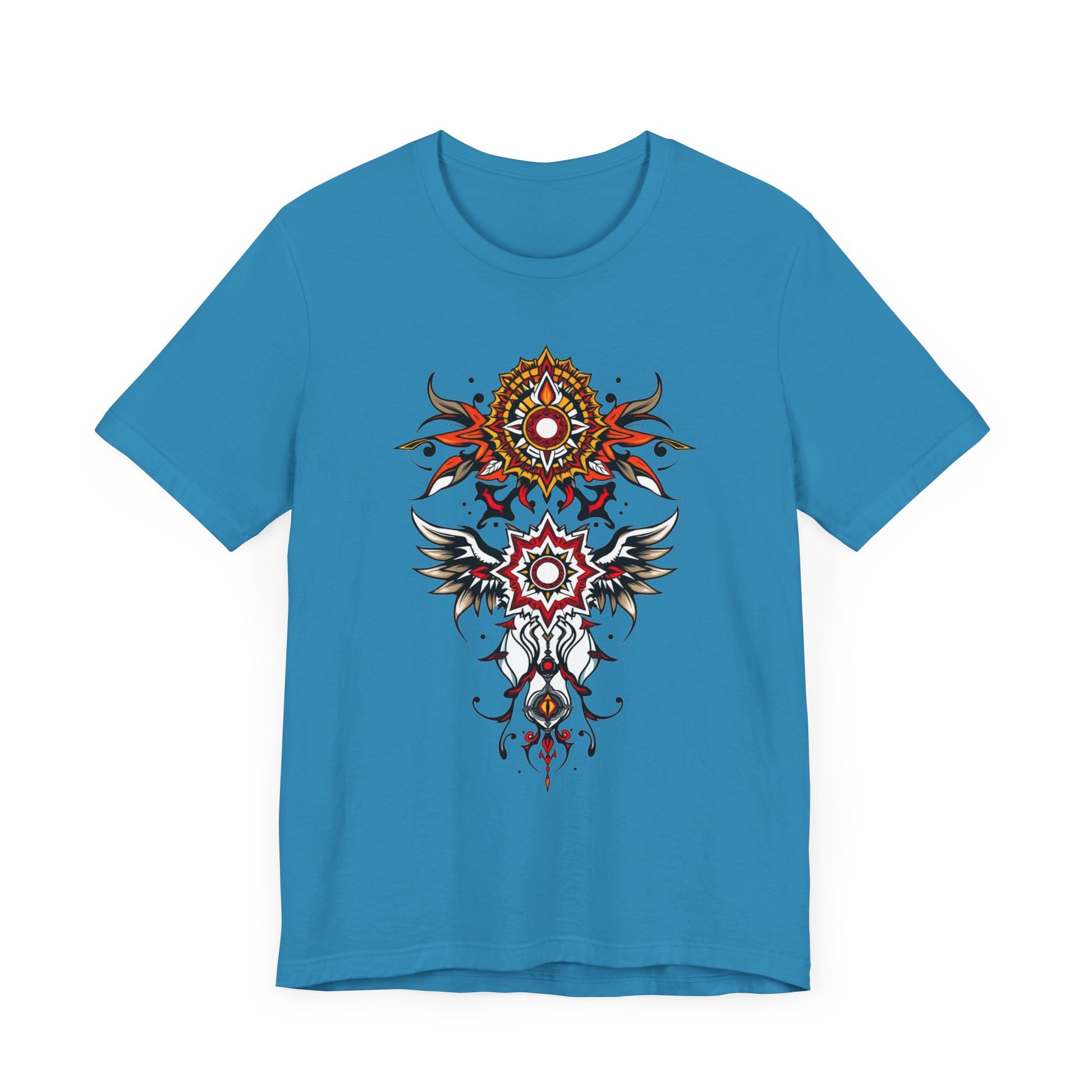 Turn heads in this tee, available in vibrant colors, showcasing a fiery red and gold tribal mandala for bold, artistic style