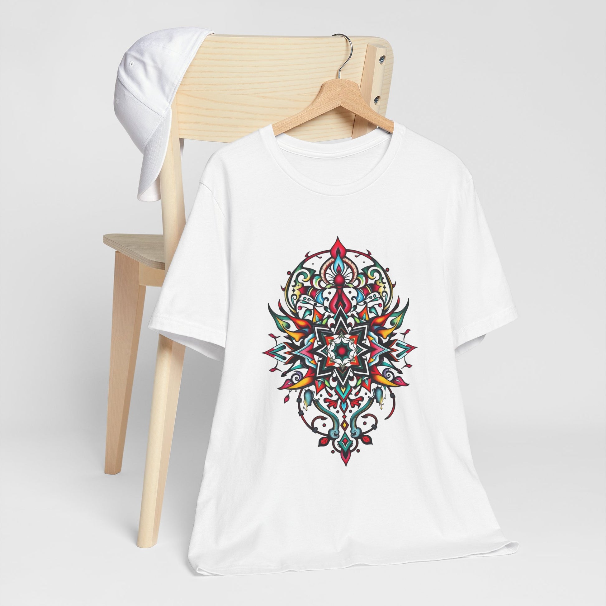 Bold tee featuring a vibrant, intricate mandala design, offered in multiple color options