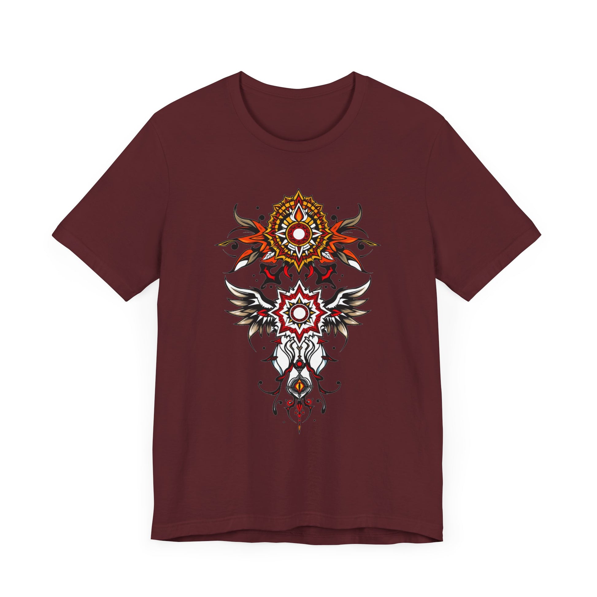 Turn heads in this tee, available in vibrant colors, showcasing a fiery red and gold tribal mandala for bold, artistic style