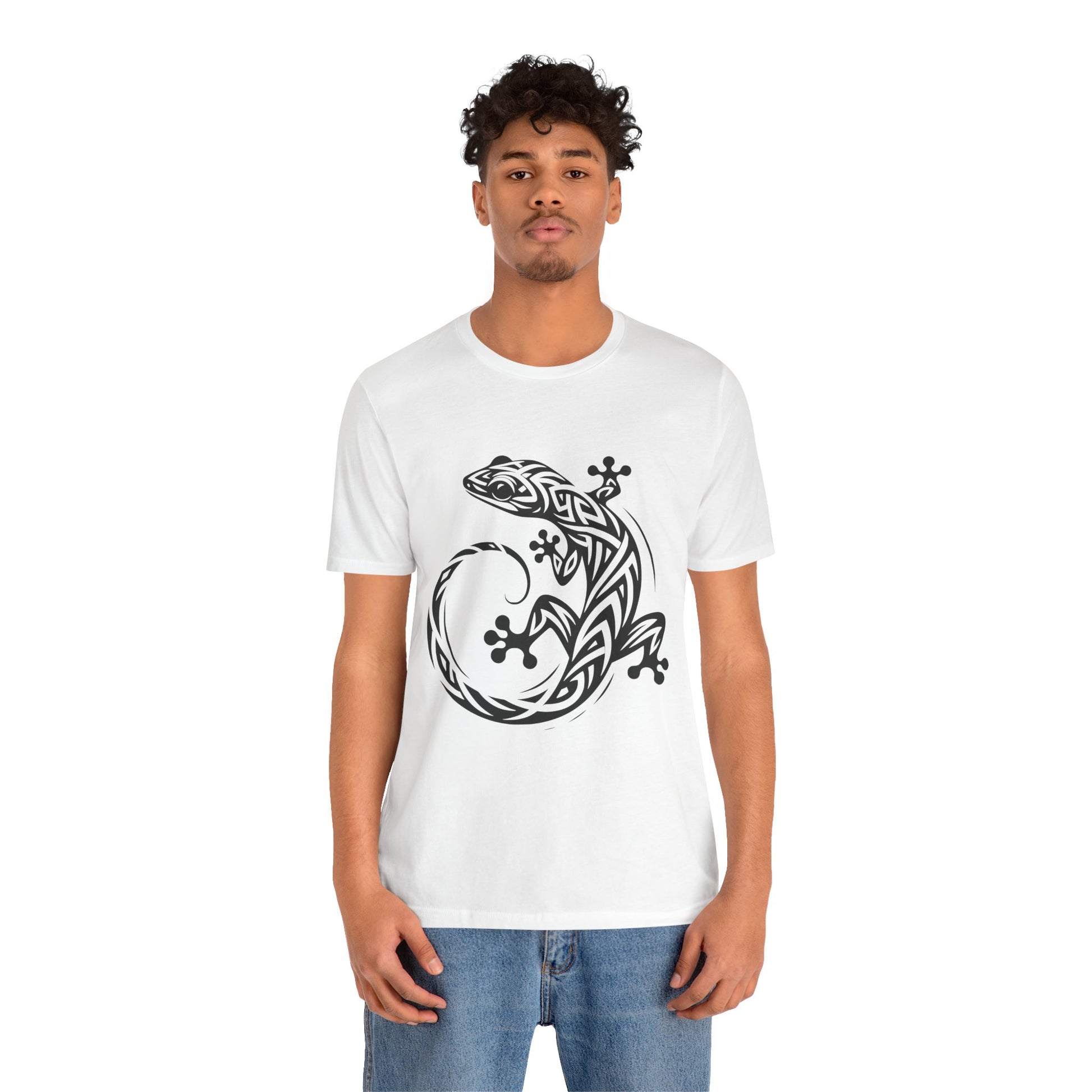 Tribal Gecko Tee – Bold Lizard Tattoo Art on Crisp White T-Shirt