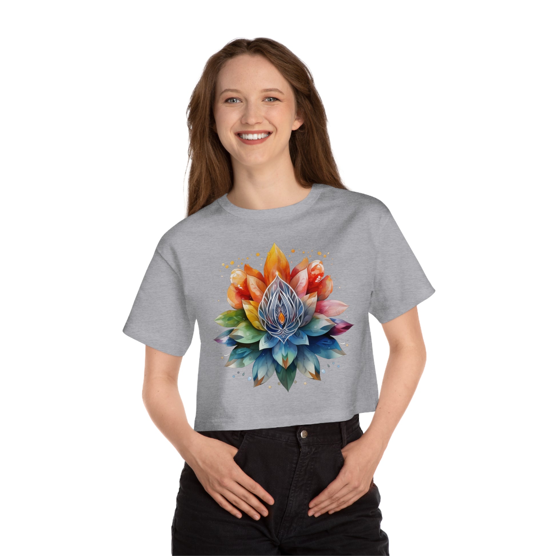 Cropped tee with a radiant rainbow lotus mandala, bursting in vivid, dreamy colors
