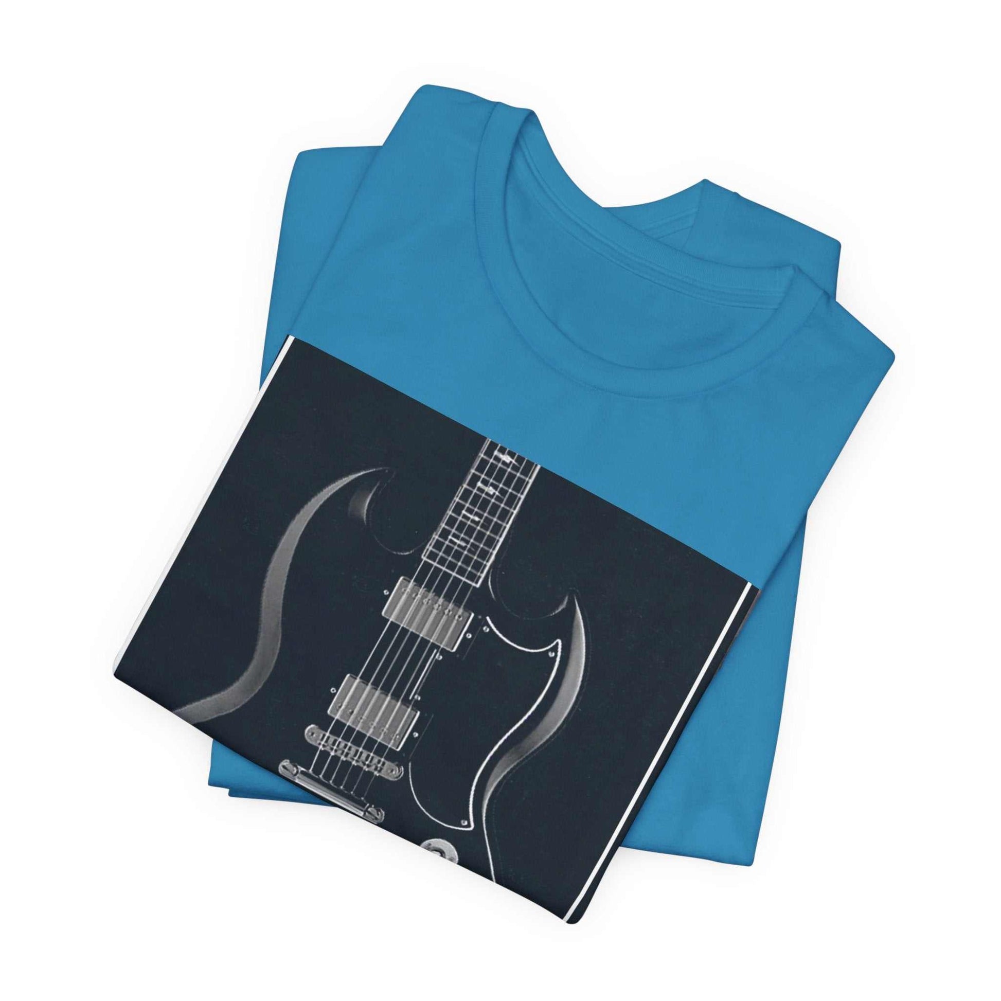 Blue unisex rock guitar graphic tee folded displaying black and white electric guitar print