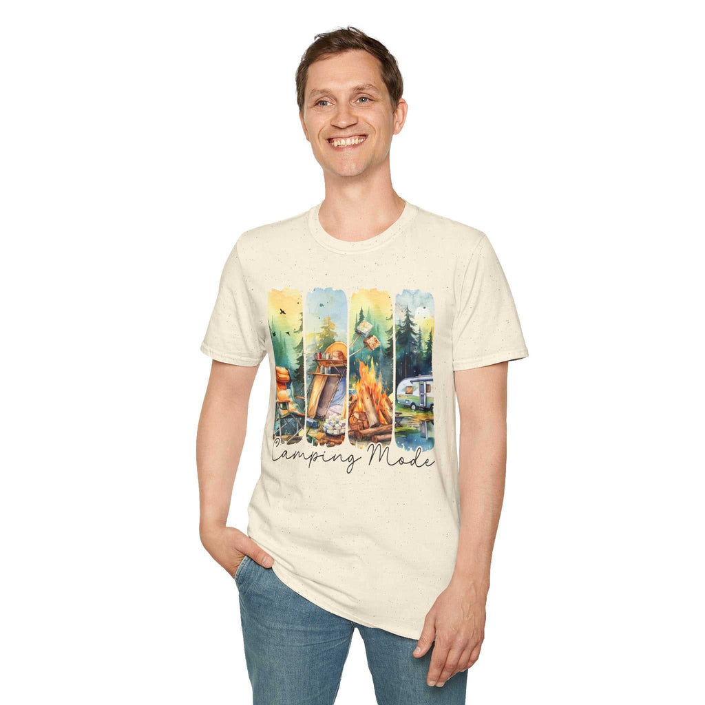 Man wearing Camping Adventure Unisex T-Shirt with camping scenes and "Camping Mode" text design
