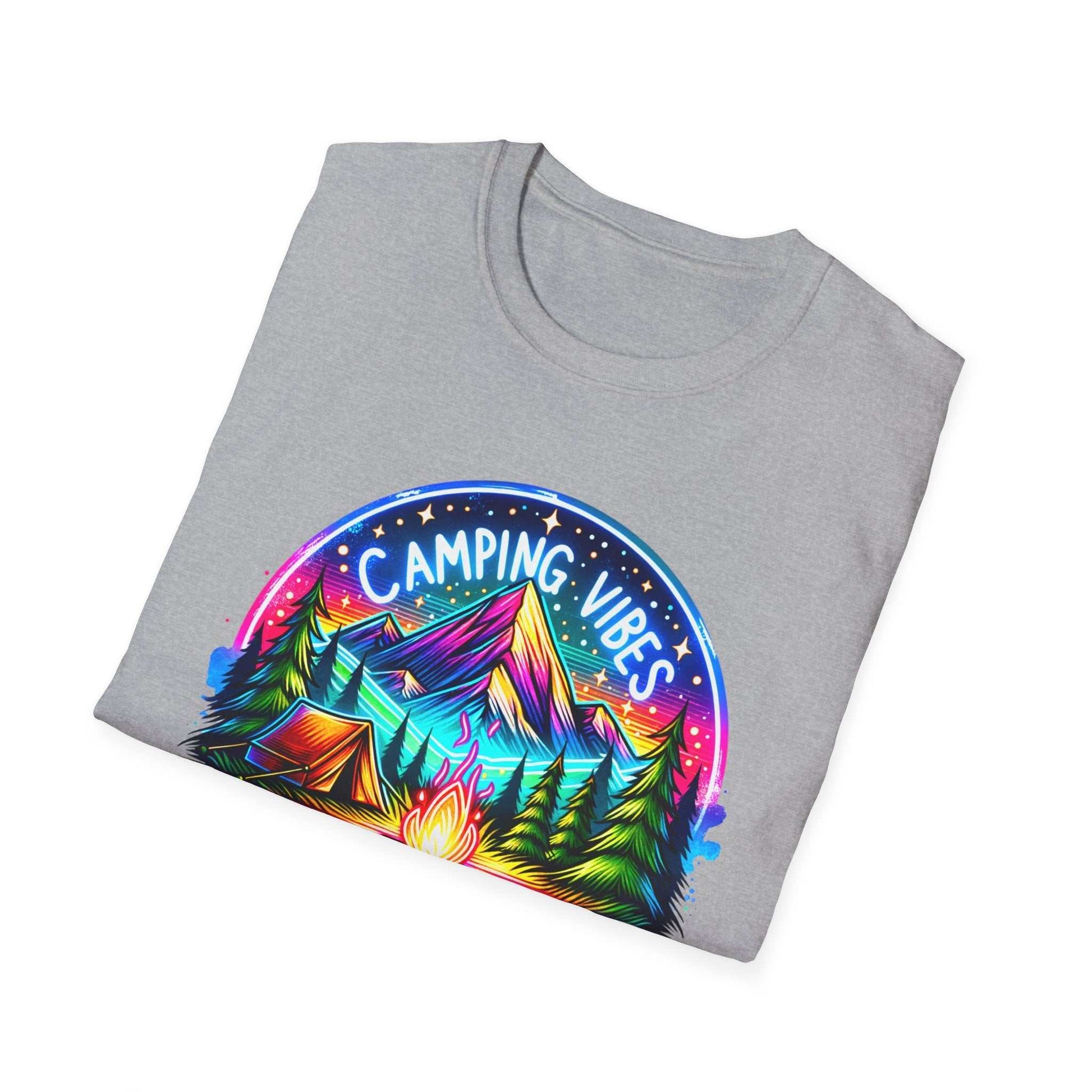 Gray unisex softstyle t-shirt with vibrant Camping Vibes mountain and campfire graphic design
