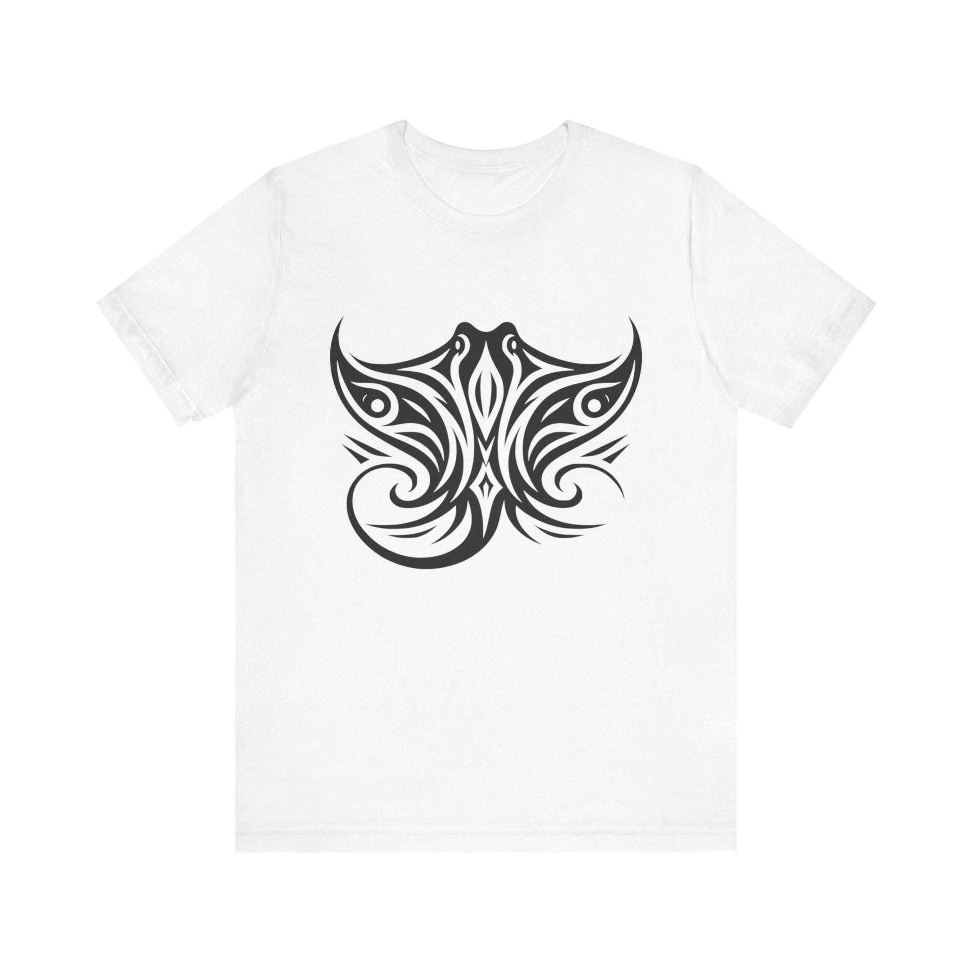 Tribal Manta Ray Tee – Bold Ocean Spirit Art on Sand-Colored Shirt