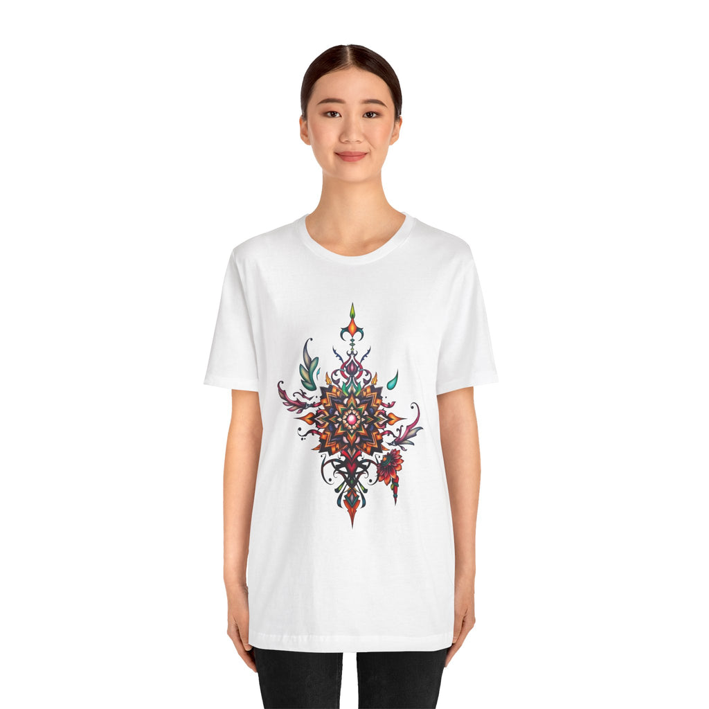 Colorful tee with an ornate mandala and floral design, available in vibrant color options