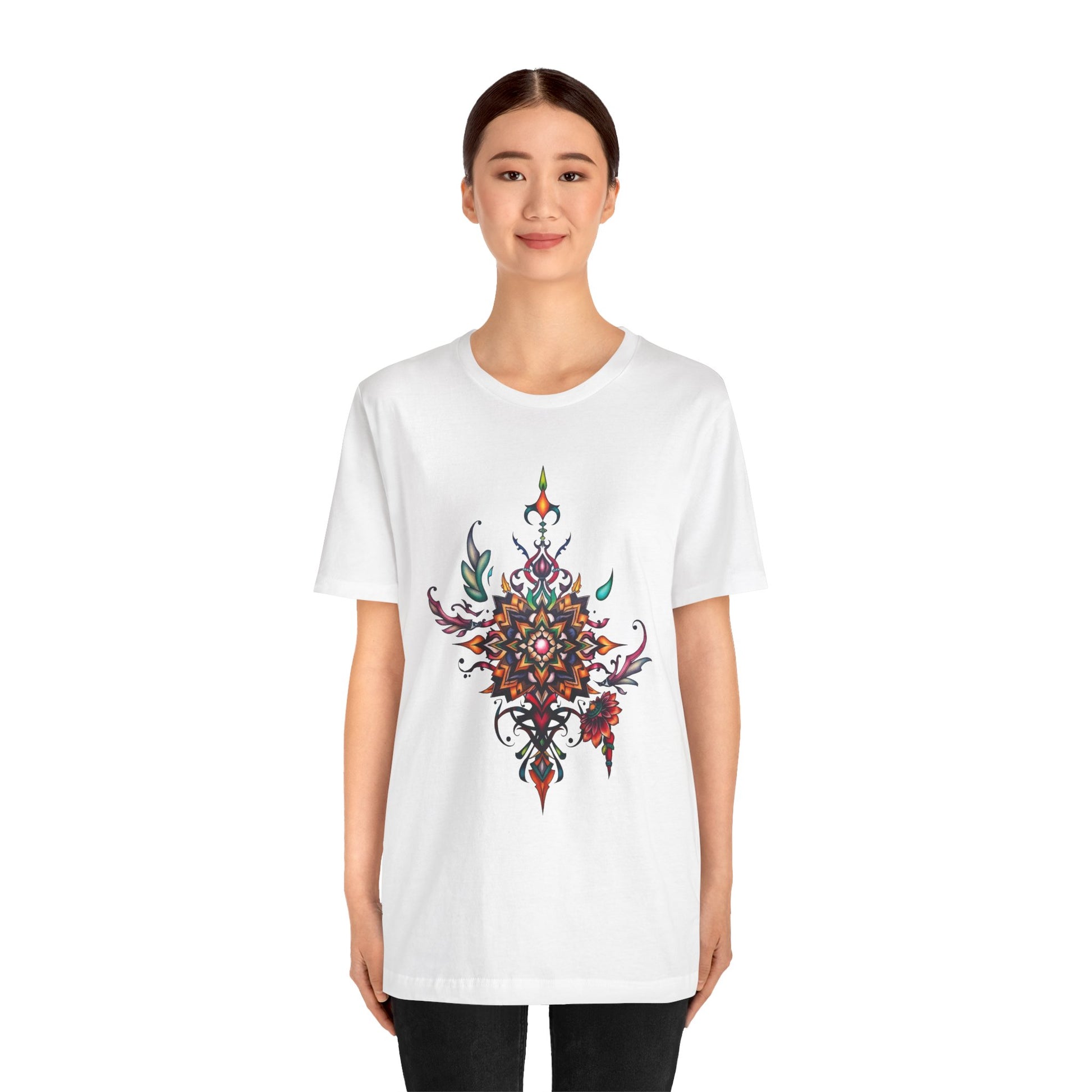 Colorful tee with an ornate mandala and floral design, available in vibrant color options