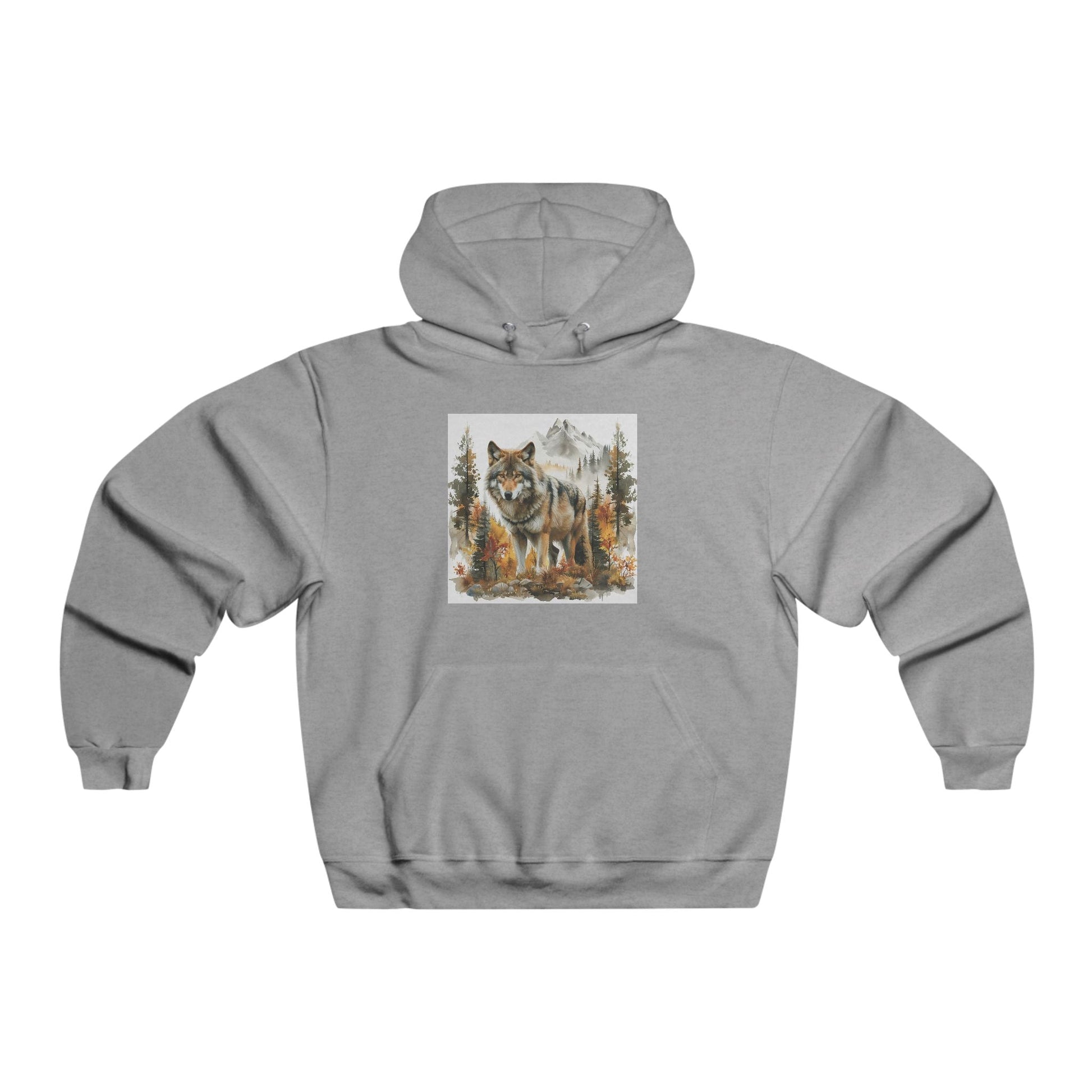 Gray Wilderness Wolf Hoodie with wolf and forest graphic on front, cotton blend fabric, adjustable hood, kangaroo pocket, and long sleeves