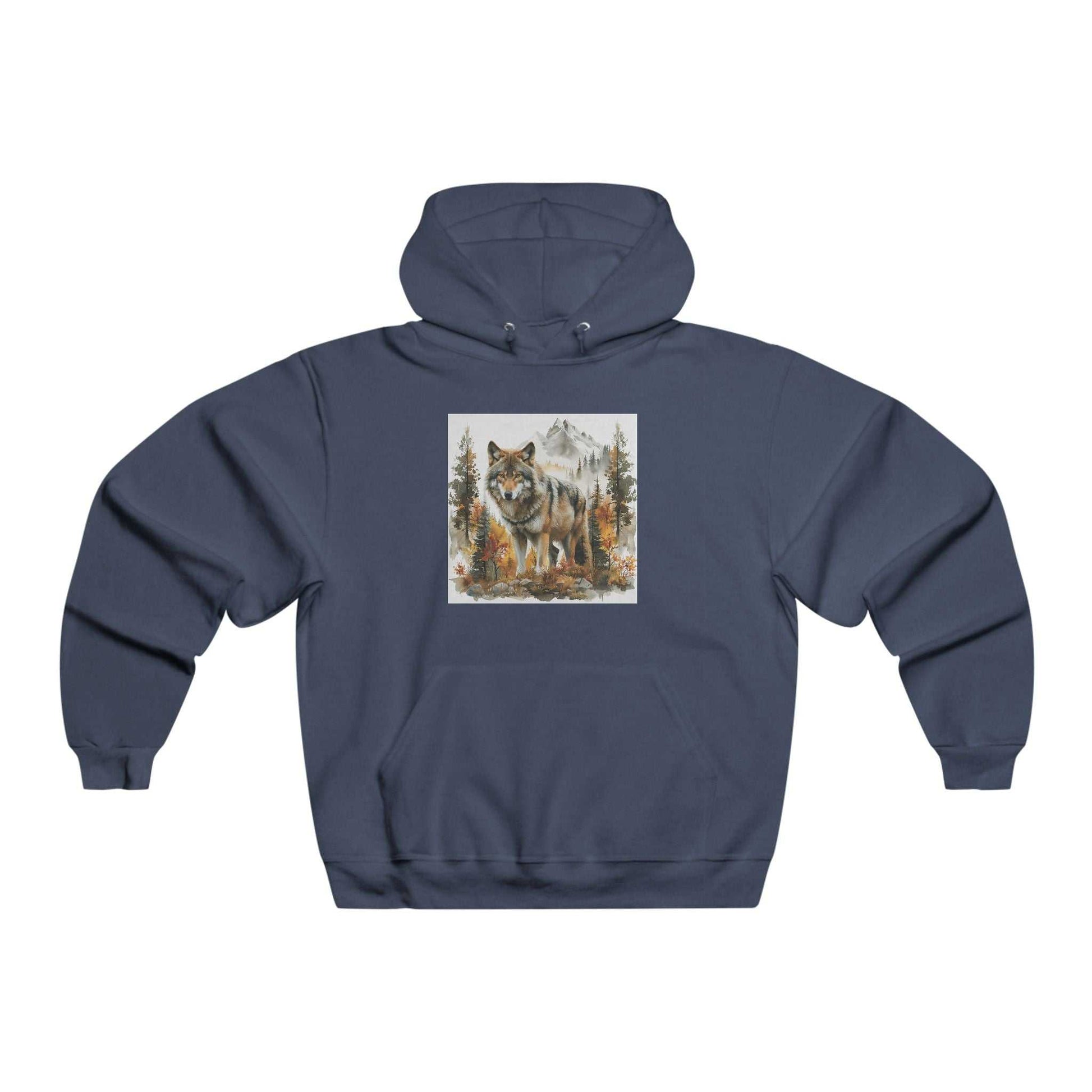 Navy Wilderness Wolf Hoodie with wolf and mountain graphic, soft cotton blend, adjustable hood, and kangaroo pocket.