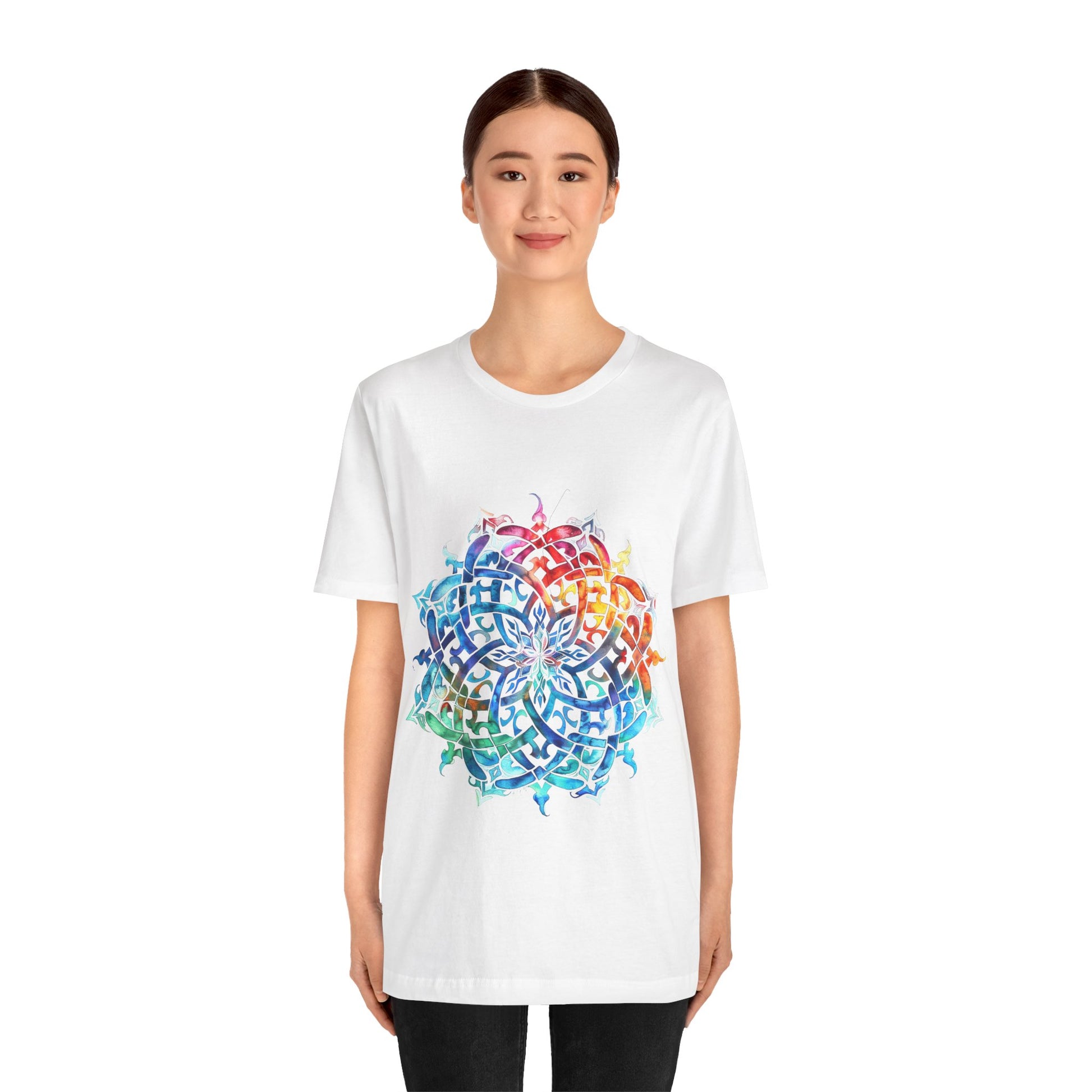 Artistic tee with a radiant rainbow mandala design, available in vibrant color options